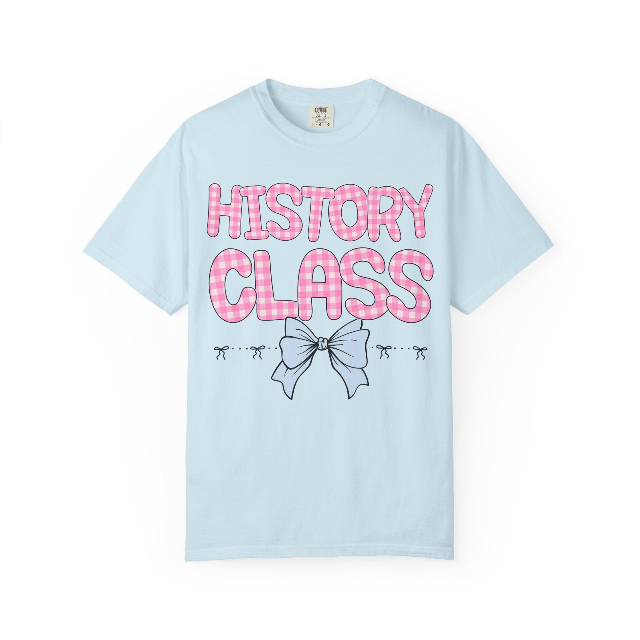 History Teacher Tee Shirt with Pink Gingham Letters, First Day of School, Back to School Matching Teacher Tee with Bow, Soft Girl Style - Opal and June