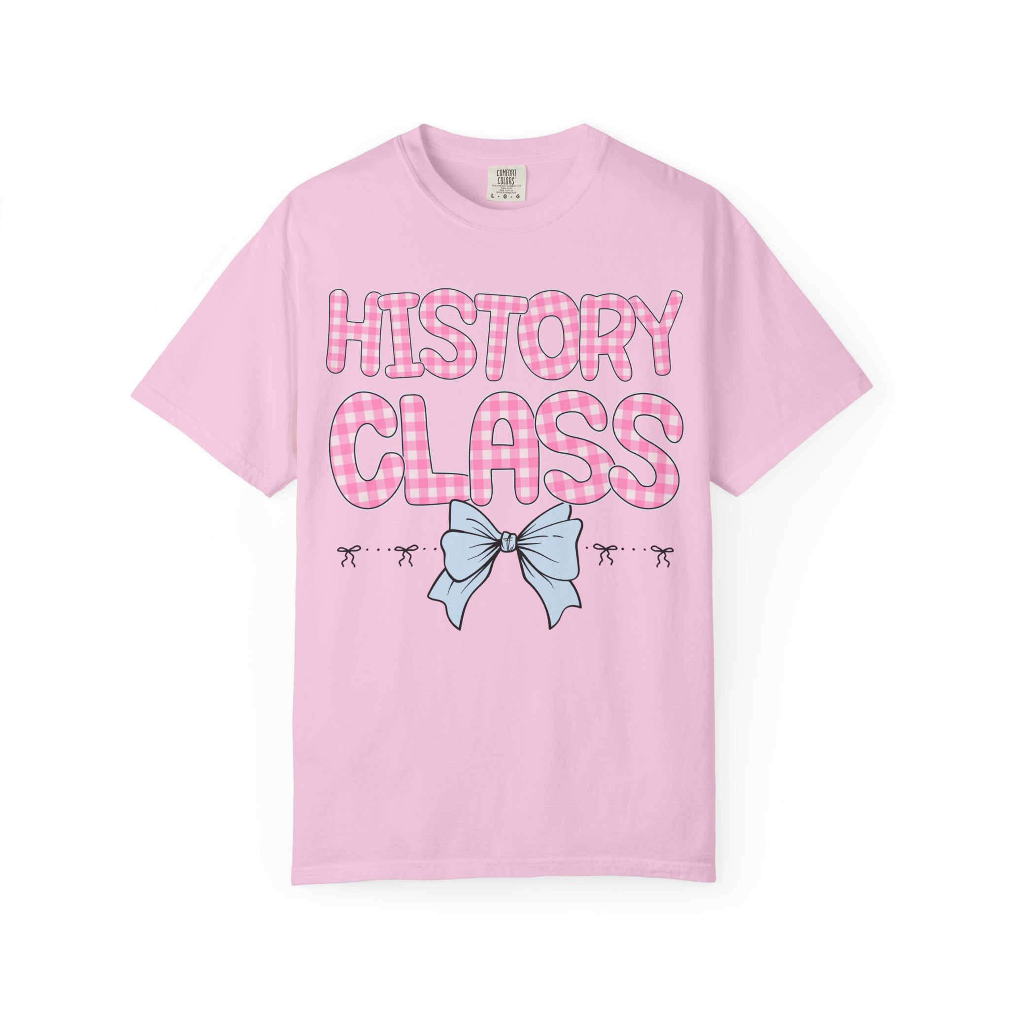 History Teacher Tee Shirt with Pink Gingham Letters, First Day of School, Back to School Matching Teacher Tee with Bow, Soft Girl Style - Opal and June