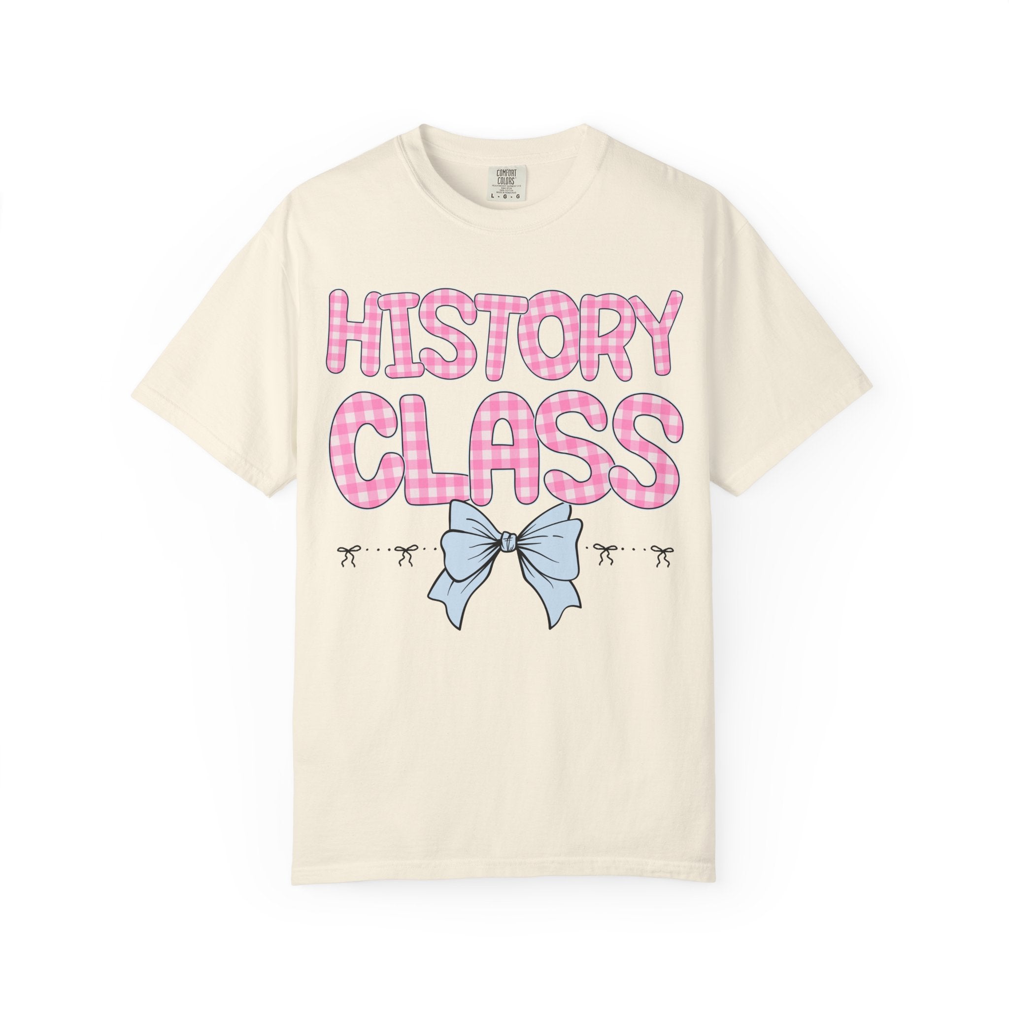 History Teacher Tee Shirt with Pink Gingham Letters, First Day of School, Back to School Matching Teacher Tee with Bow, Soft Girl Style - Opal and June