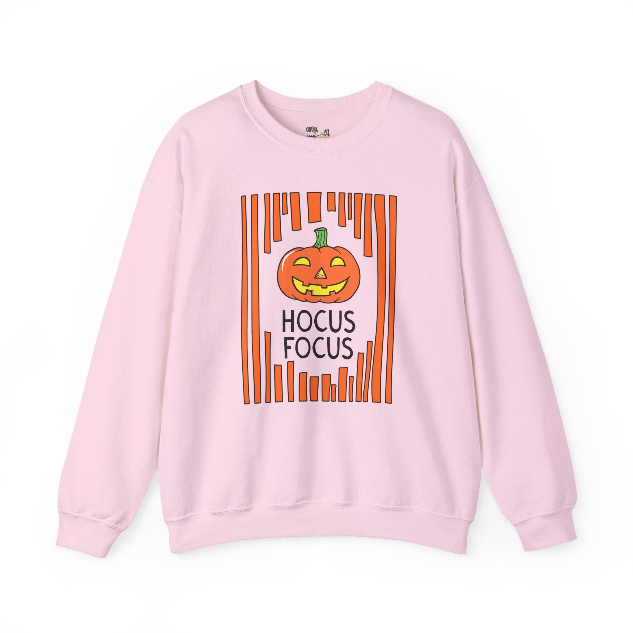 Hocus Focus Halloween Teacher Sweatshirt for October or Fall, Cute Grandmacore Spooky Season Matching Teacher Shirt with Stripes and Pumpkin - Opal and June