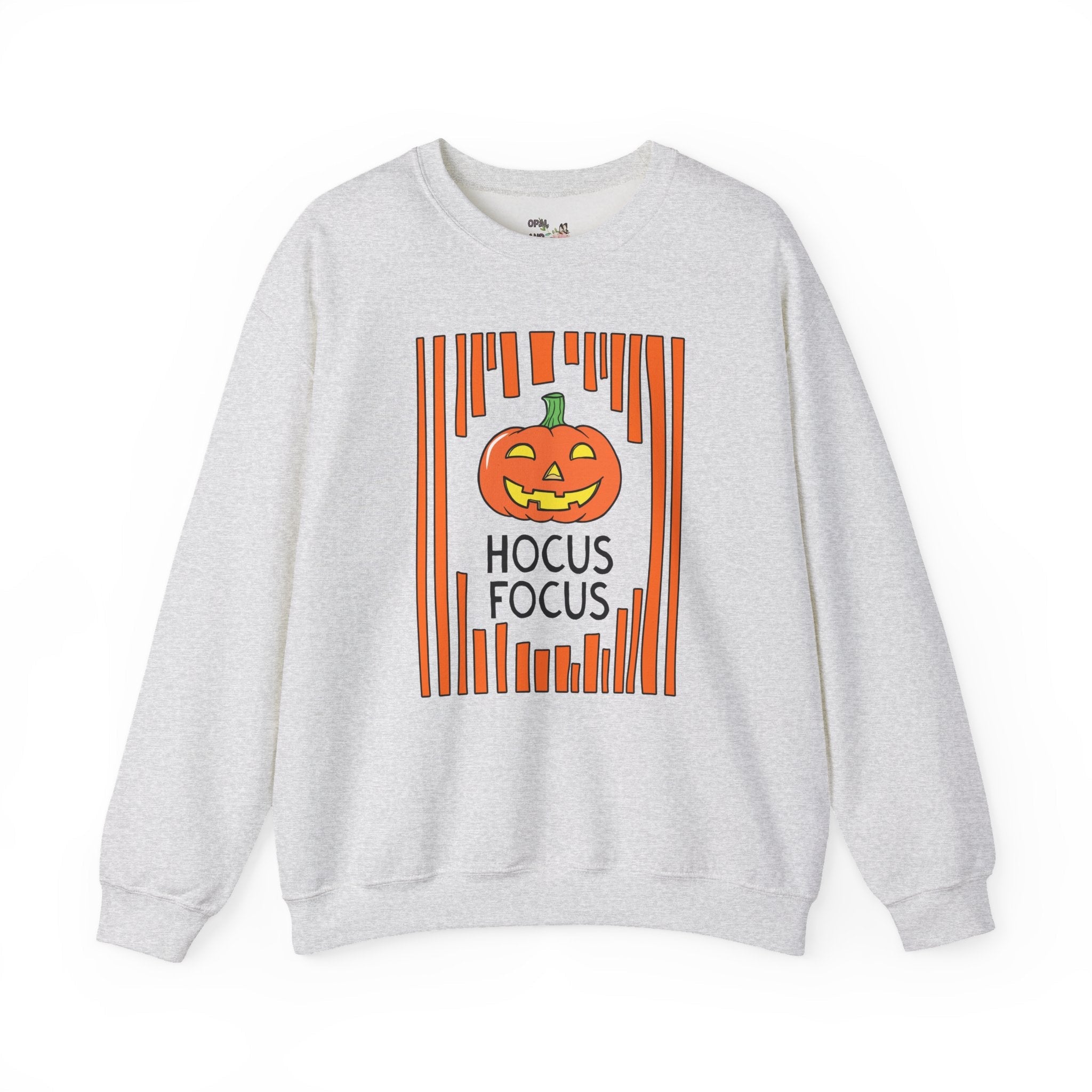 Hocus Focus Halloween Teacher Sweatshirt for October or Fall, Cute Grandmacore Spooky Season Matching Teacher Shirt with Stripes and Pumpkin - Opal and June