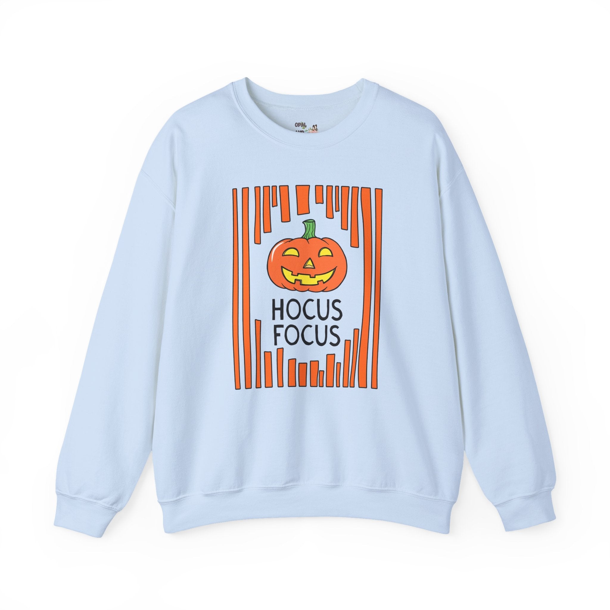 Hocus Focus Halloween Teacher Sweatshirt for October or Fall, Cute Grandmacore Spooky Season Matching Teacher Shirt with Stripes and Pumpkin - Opal and June