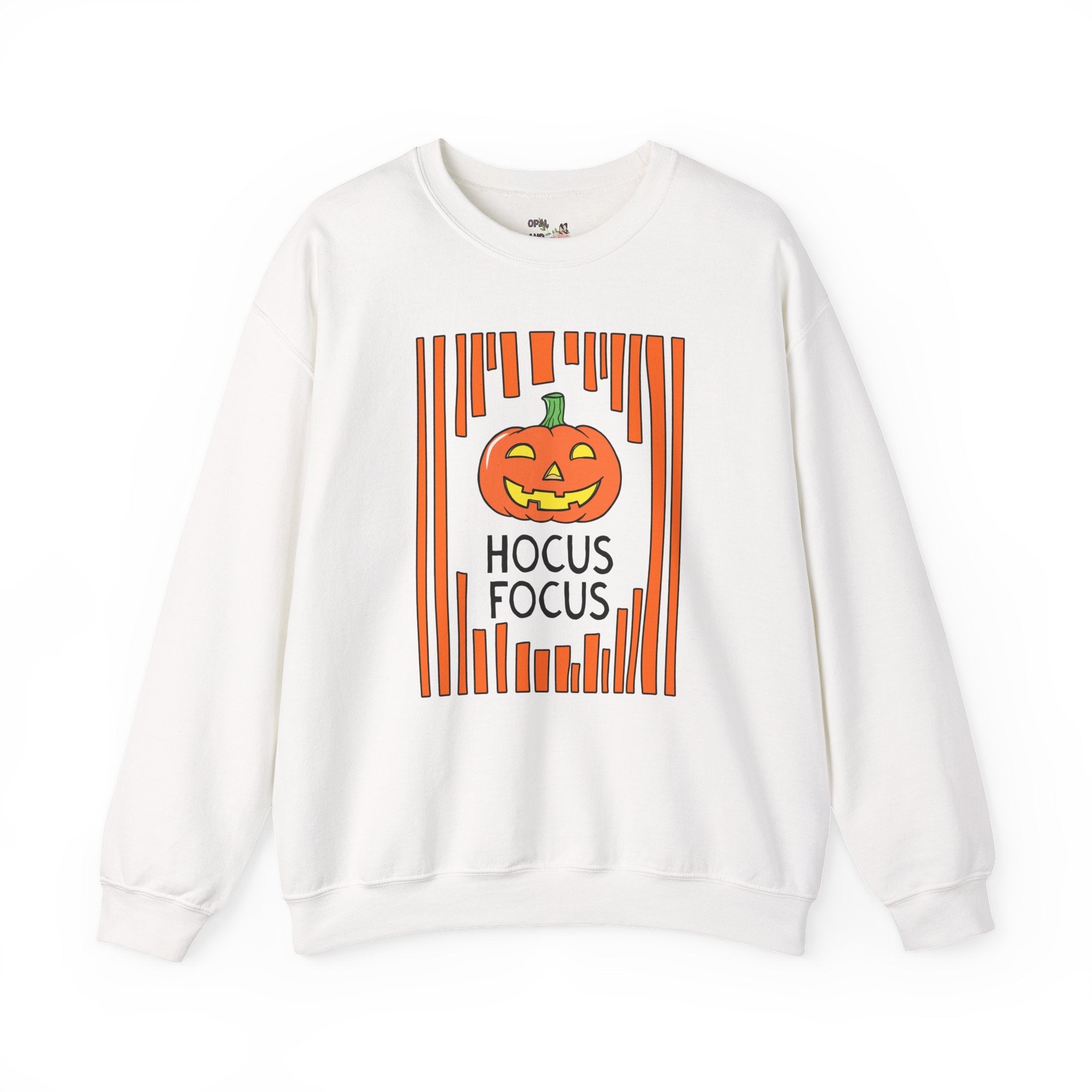 Hocus Focus Halloween Teacher Sweatshirt for October or Fall, Cute Grandmacore Spooky Season Matching Teacher Shirt with Stripes and Pumpkin - Opal and June