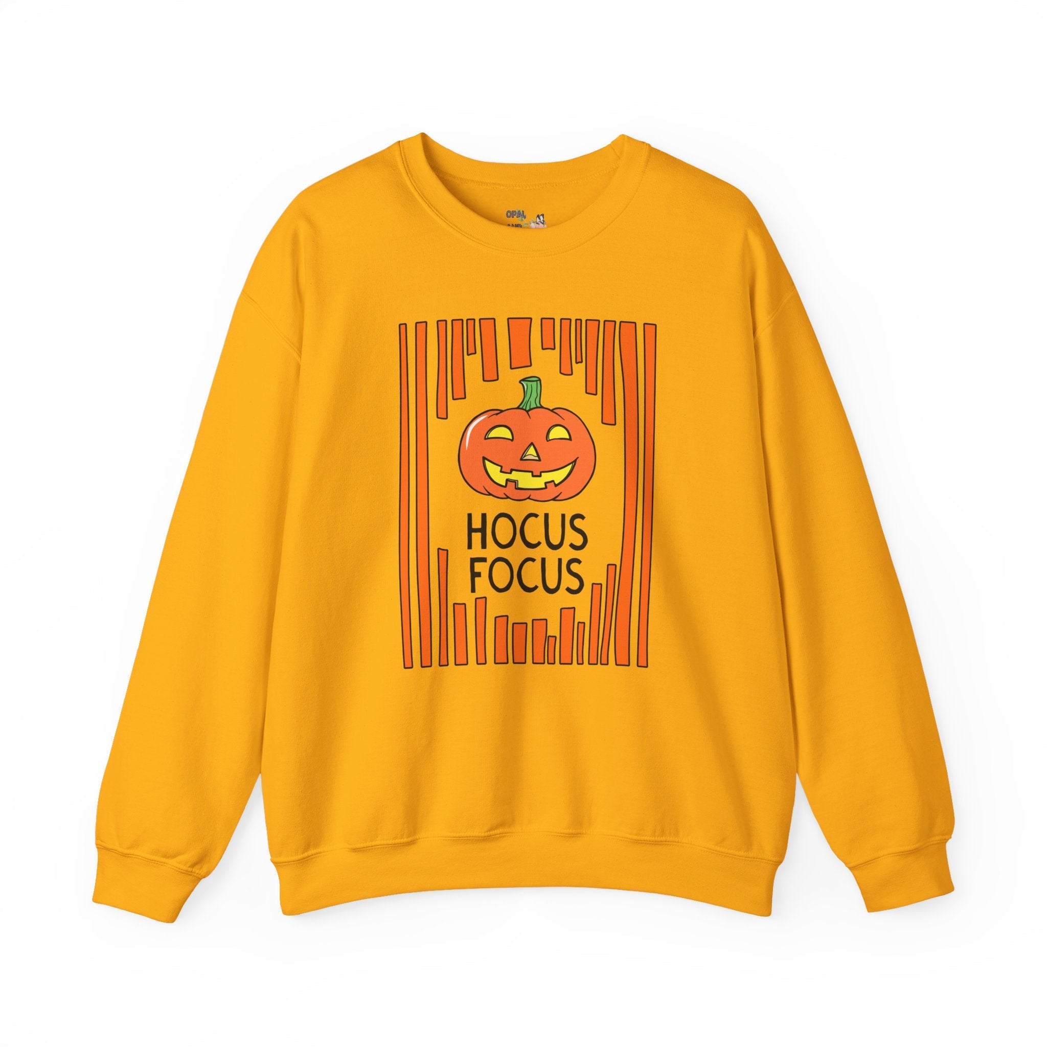 Hocus Focus Halloween Teacher Sweatshirt for October or Fall, Cute Grandmacore Spooky Season Matching Teacher Shirt with Stripes and Pumpkin - Opal and June