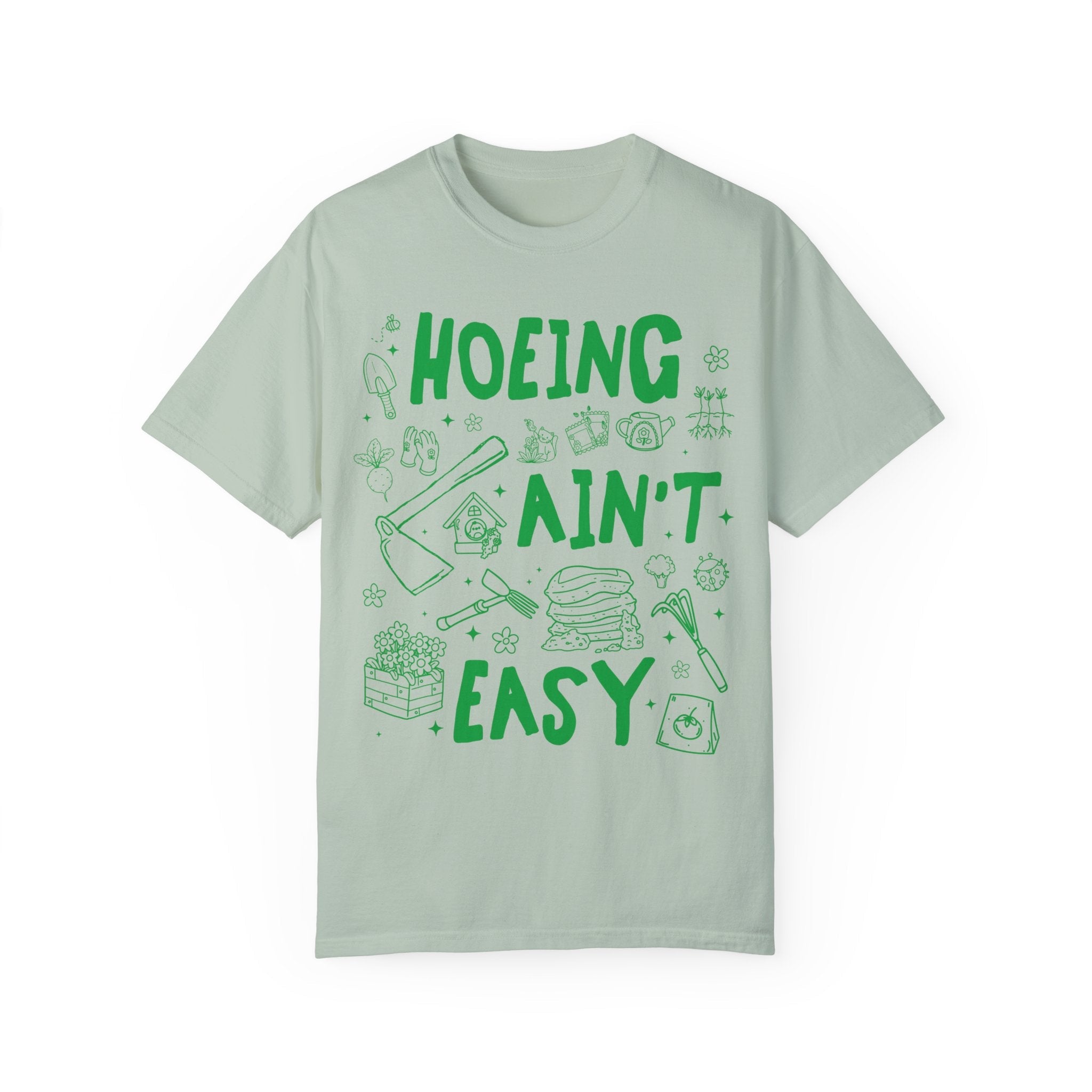 Hoeing Ain't Easy: Funny Gardening Tee Shirt for Mom Who Loves Gardening, Cute Garden Lover T-Shirt with Stars, Boho Y2K 90s Doodle Flowers - Opal and June