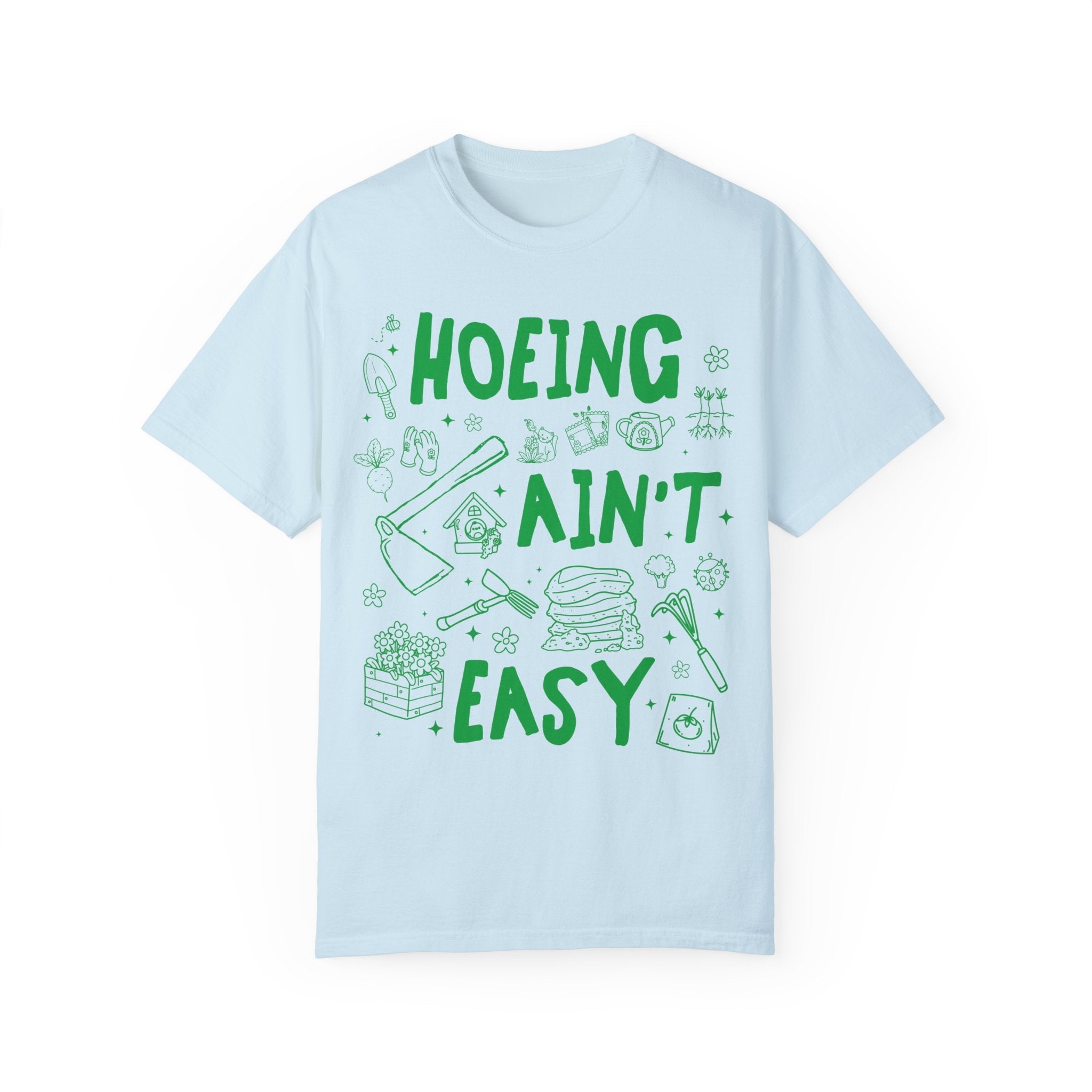 Hoeing Ain't Easy: Funny Gardening Tee Shirt for Mom Who Loves Gardening, Cute Garden Lover T-Shirt with Stars, Boho Y2K 90s Doodle Flowers - Opal and June