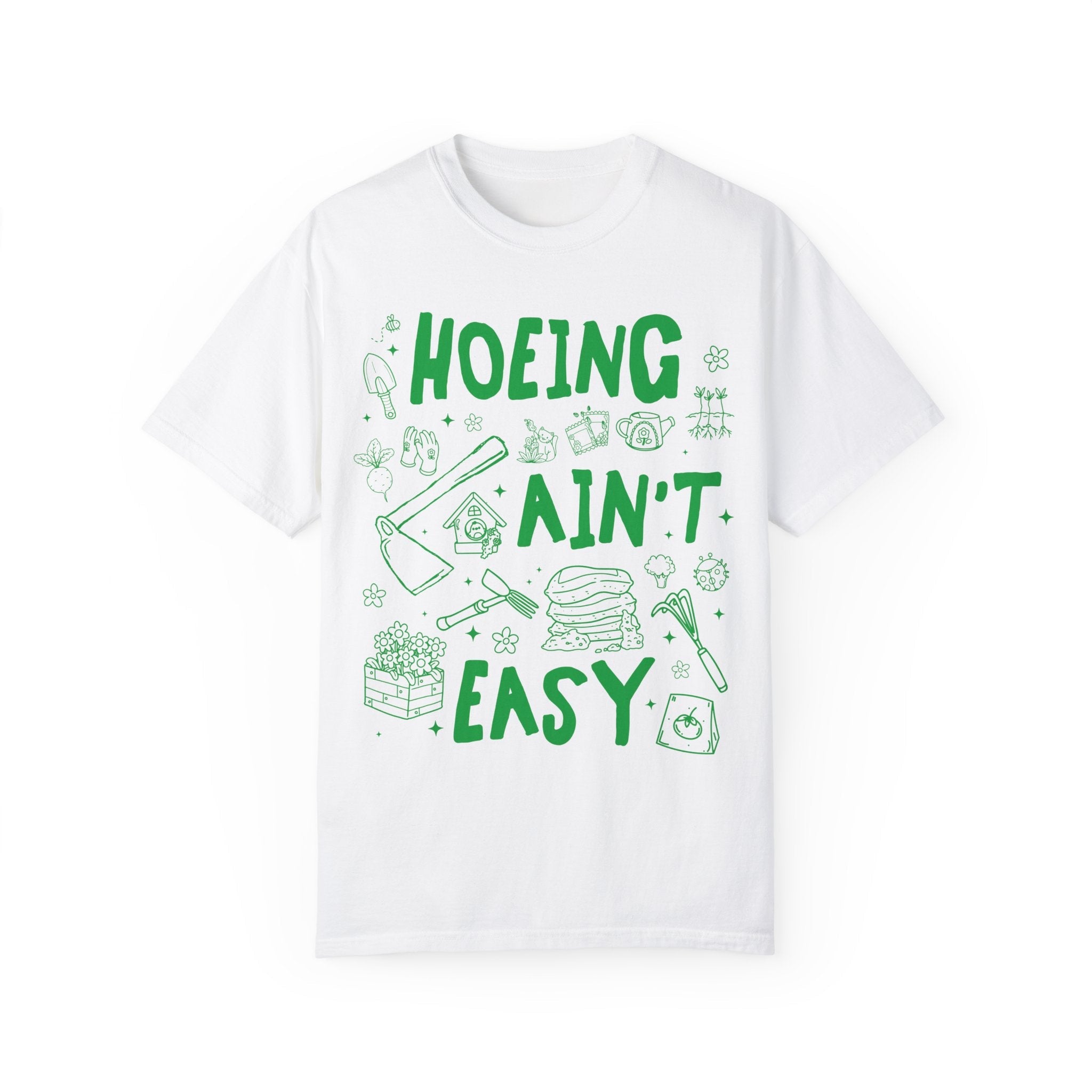 Hoeing Ain't Easy: Funny Gardening Tee Shirt for Mom Who Loves Gardening, Cute Garden Lover T-Shirt with Stars, Boho Y2K 90s Doodle Flowers - Opal and June