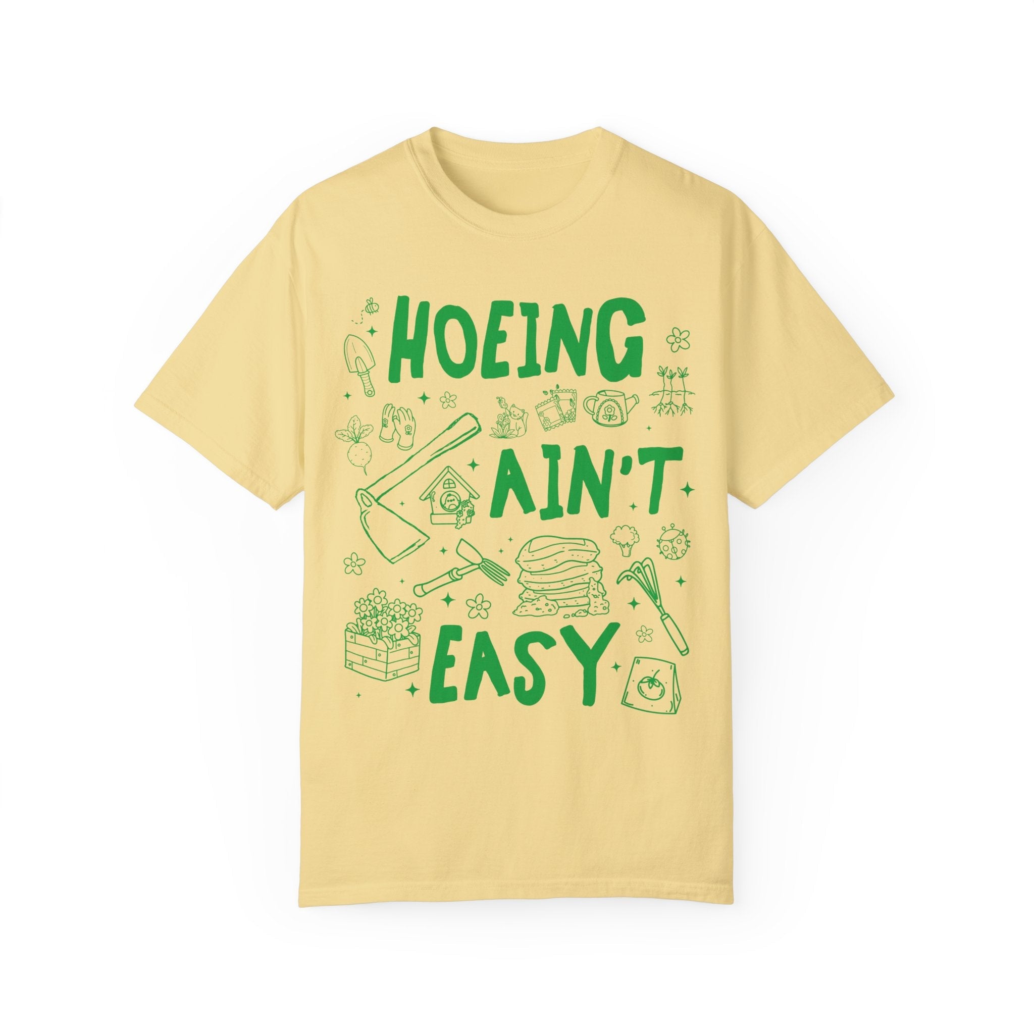 Hoeing Ain't Easy: Funny Gardening Tee Shirt for Mom Who Loves Gardening, Cute Garden Lover T-Shirt with Stars, Boho Y2K 90s Doodle Flowers - Opal and June