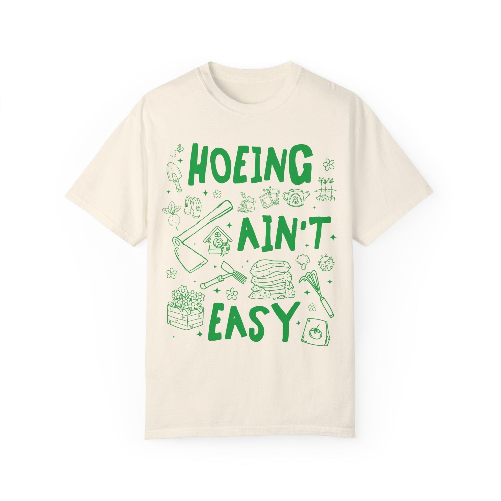 Hoeing Ain't Easy: Funny Gardening Tee Shirt for Mom Who Loves Gardening, Cute Garden Lover T-Shirt with Stars, Boho Y2K 90s Doodle Flowers - Opal and June