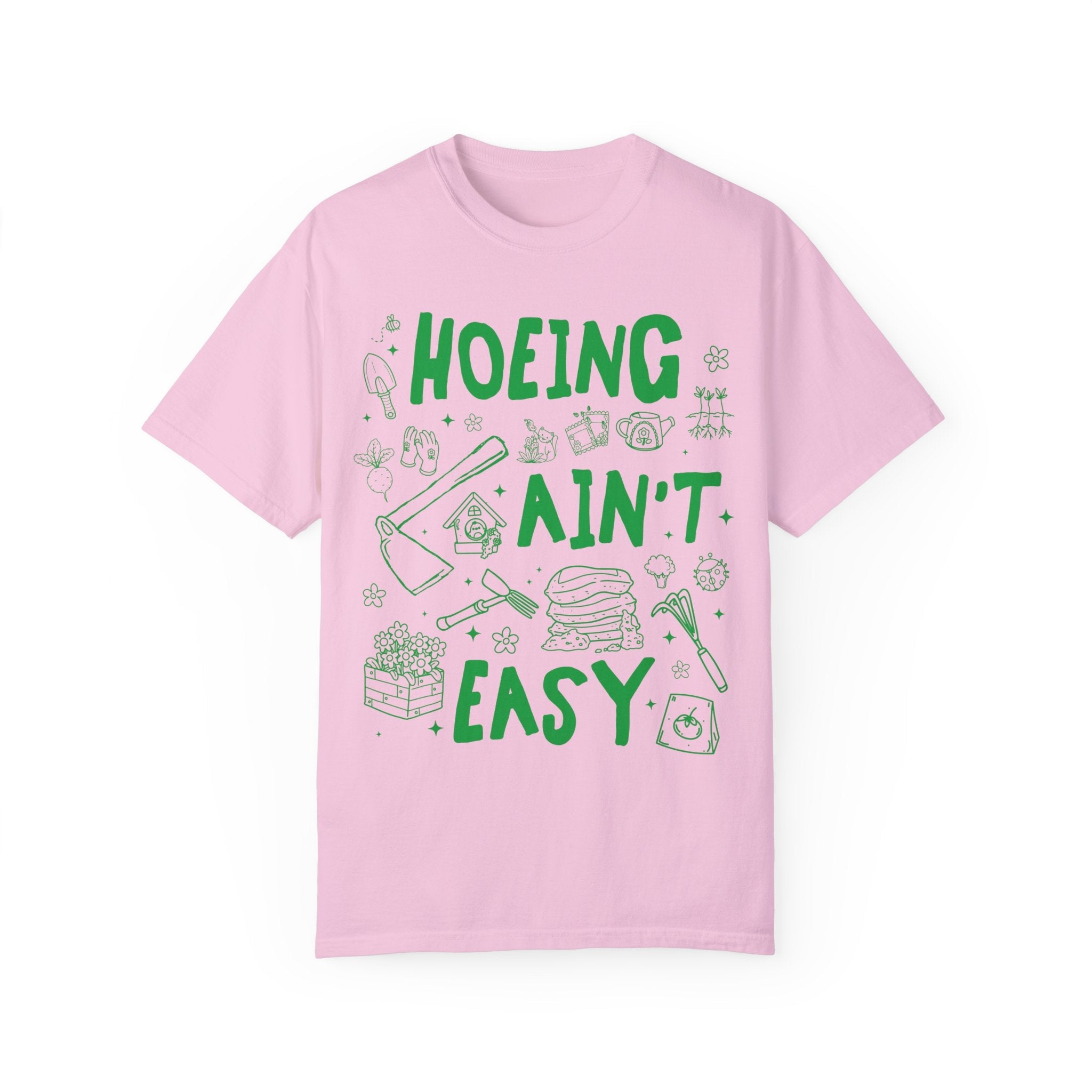 Hoeing Ain't Easy: Funny Gardening Tee Shirt for Mom Who Loves Gardening, Cute Garden Lover T-Shirt with Stars, Boho Y2K 90s Doodle Flowers - Opal and June