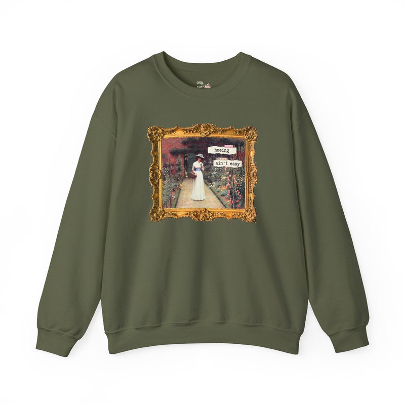 Hoeing Ain't Easy Sweatshirt: Funny Art History Shirt for Mom Who Loves 19th Century Art, Flower Gardening, Edmund Blair Leighton Painting - Opal and June