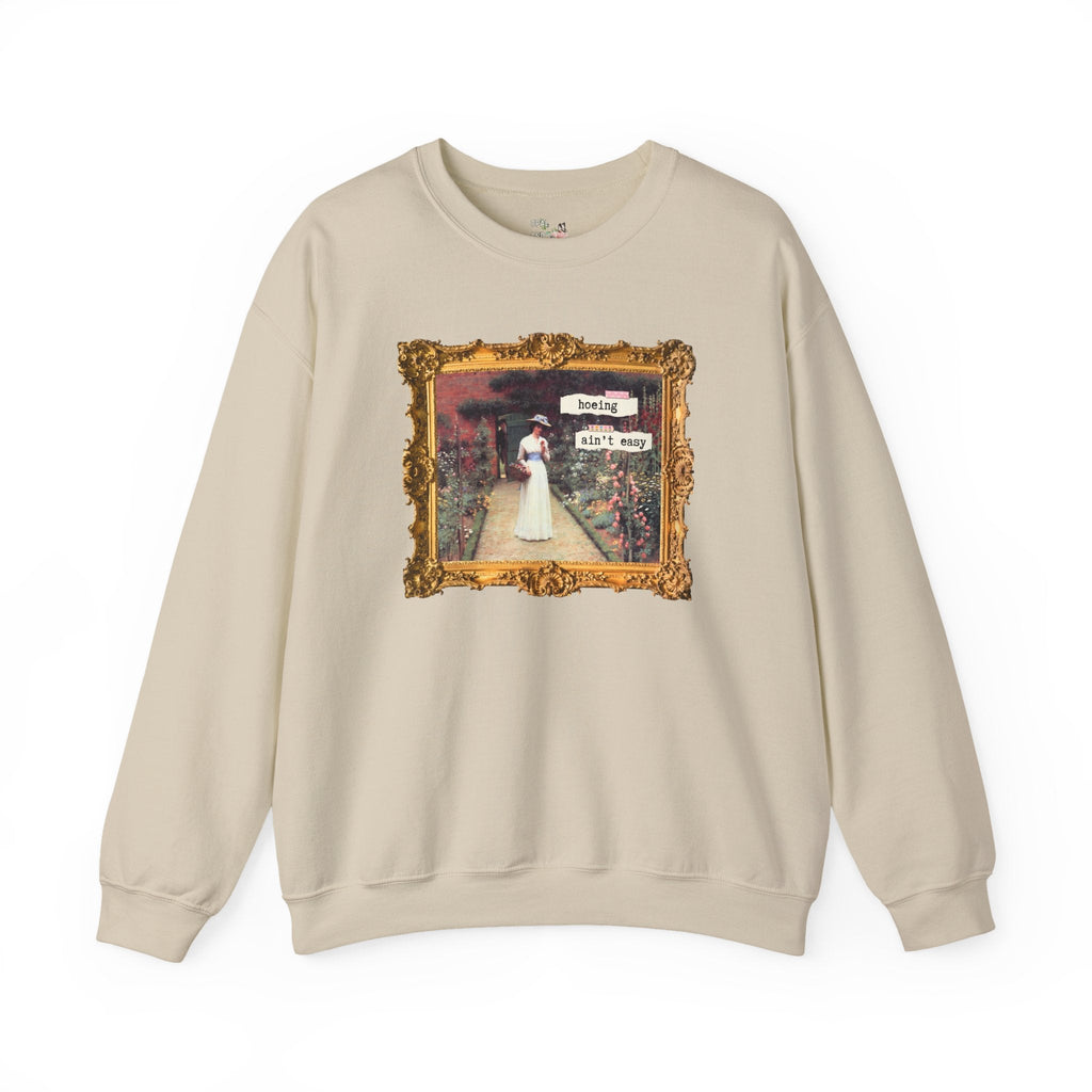 Hoeing Ain't Easy Sweatshirt: Funny Art History Shirt for Mom Who Loves 19th Century Art, Flower Gardening, Edmund Blair Leighton Painting - Opal and June