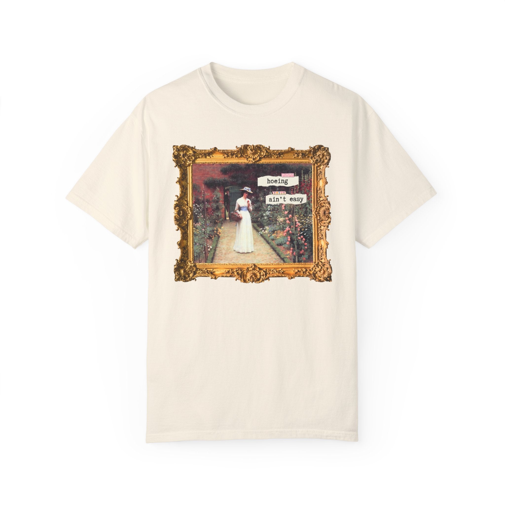Hoeing Ain't Easy Tee Shirt: Funny Art History T-Shirt for Mom Who Loves 19th Century Art, Flower Gardening, Edmund Blair Leighton Painting - Opal and June
