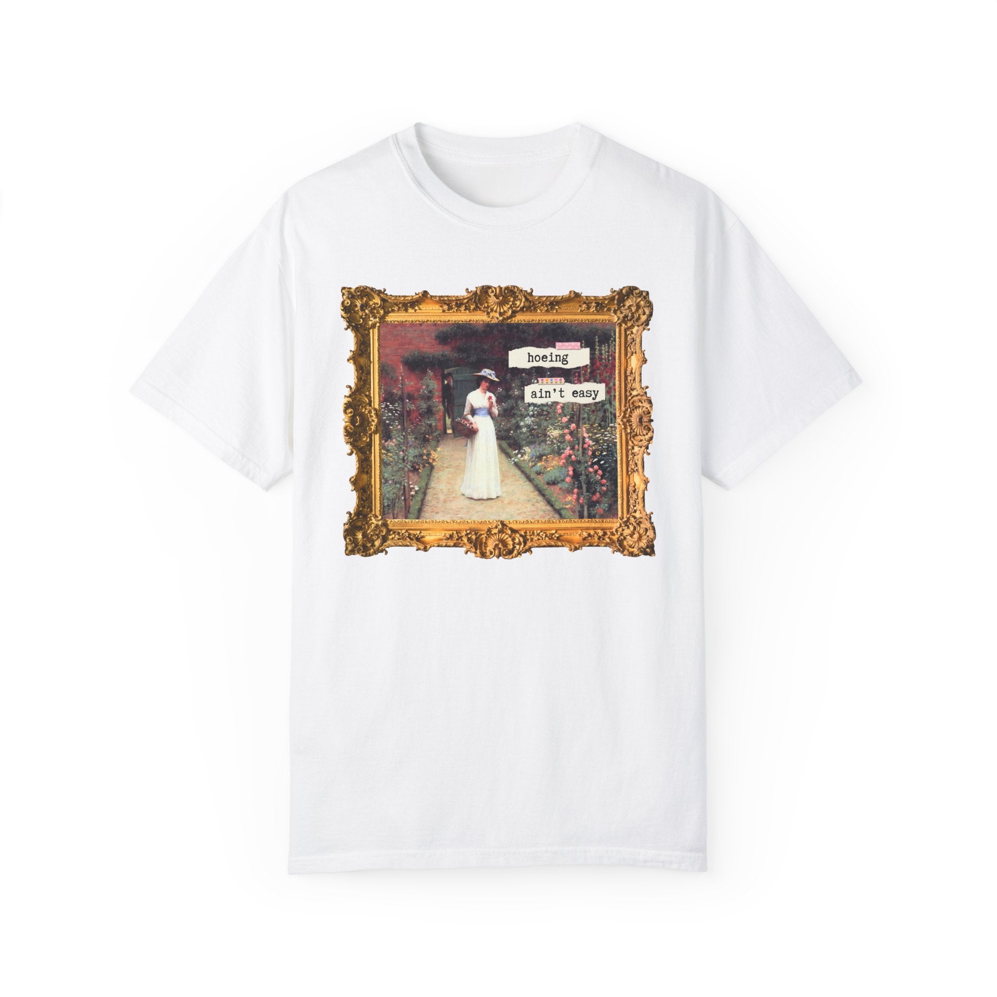 Hoeing Ain't Easy Tee Shirt: Funny Art History T-Shirt for Mom Who Loves 19th Century Art, Flower Gardening, Edmund Blair Leighton Painting - Opal and June