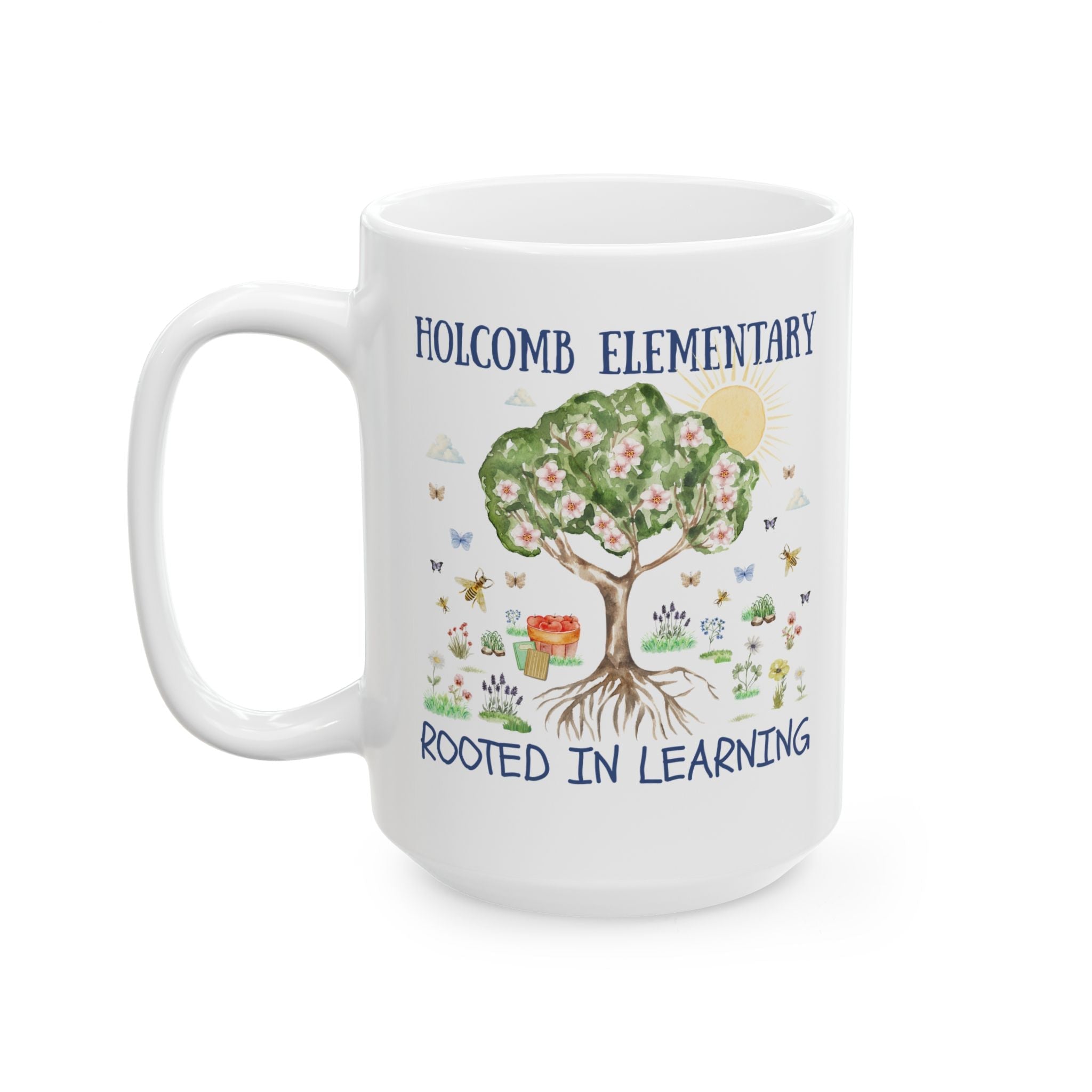 Holcomb Elementary School 15 Oz Coffee Mug: Rooted in Learning | FPS + Opal and June Coffee Mug, Fayetteville Public Schools - Opal and June