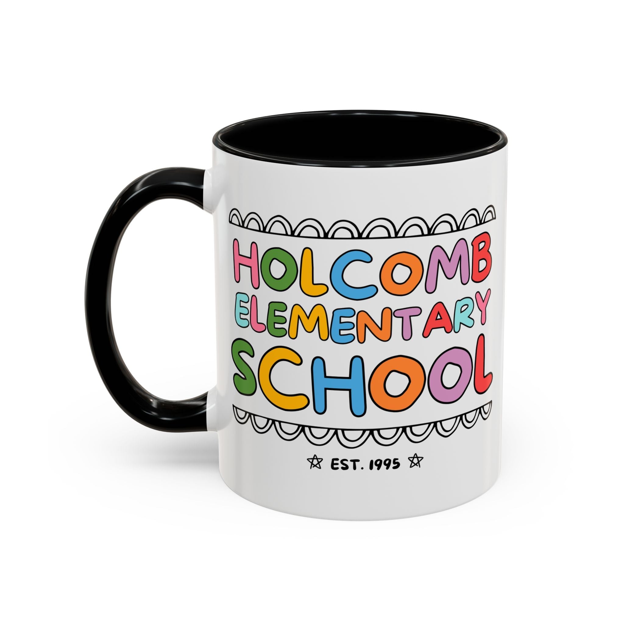 Holcomb Elementary School Coffee Mug: Rainbow Letters | FPS + Opal and June 11 Oz Coffee Mug, Fayetteville Public Schools - Opal and June