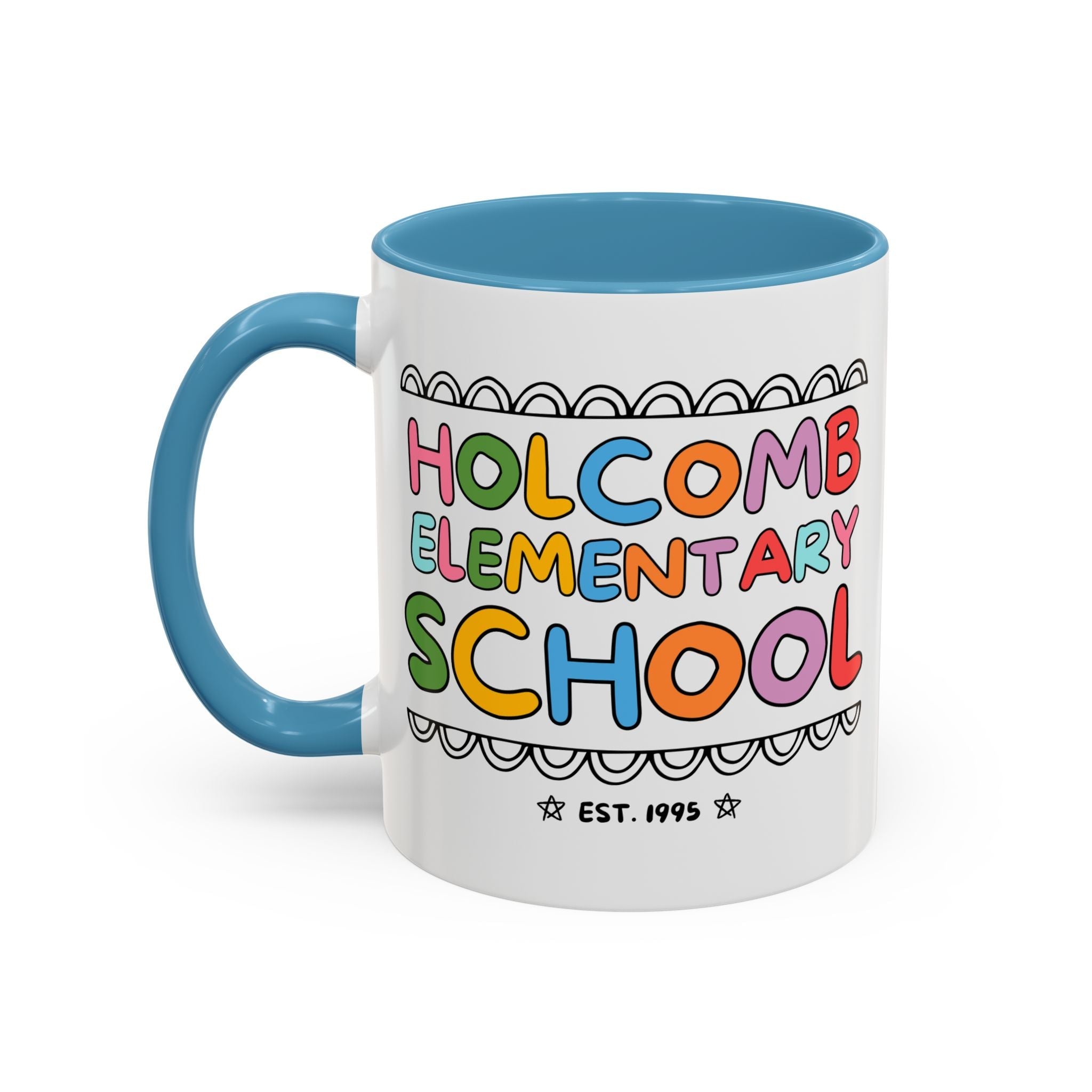 Holcomb Elementary School Coffee Mug: Rainbow Letters | FPS + Opal and June 11 Oz Coffee Mug, Fayetteville Public Schools - Opal and June