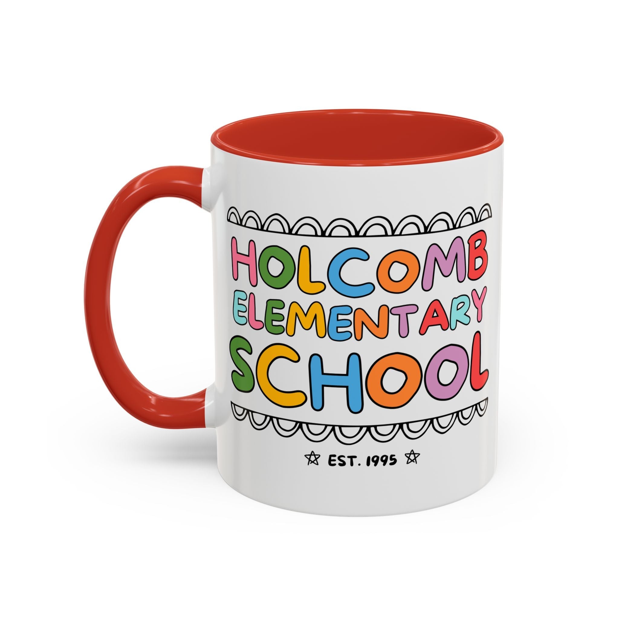 Holcomb Elementary School Coffee Mug: Rainbow Letters | FPS + Opal and June 11 Oz Coffee Mug, Fayetteville Public Schools - Opal and June