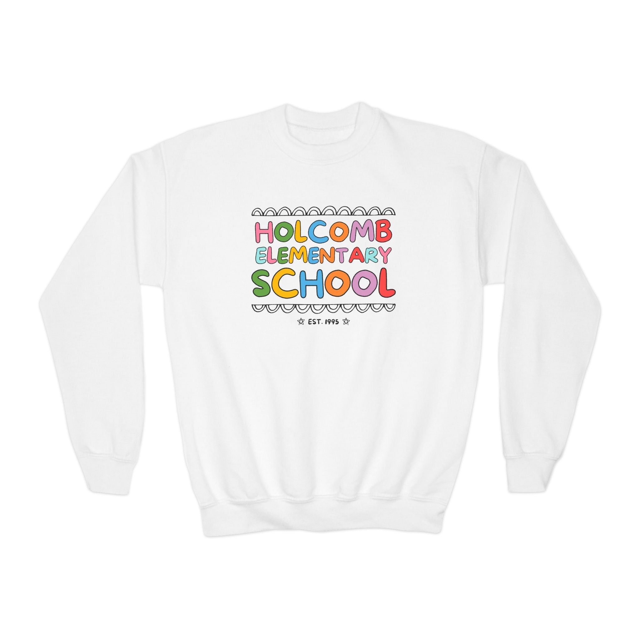 Holcomb Elementary School Kids Sweatshirt: Rainbow Letters | FPS + Opal and June Sweatshirt, Fayetteville Public Schools - Opal and June