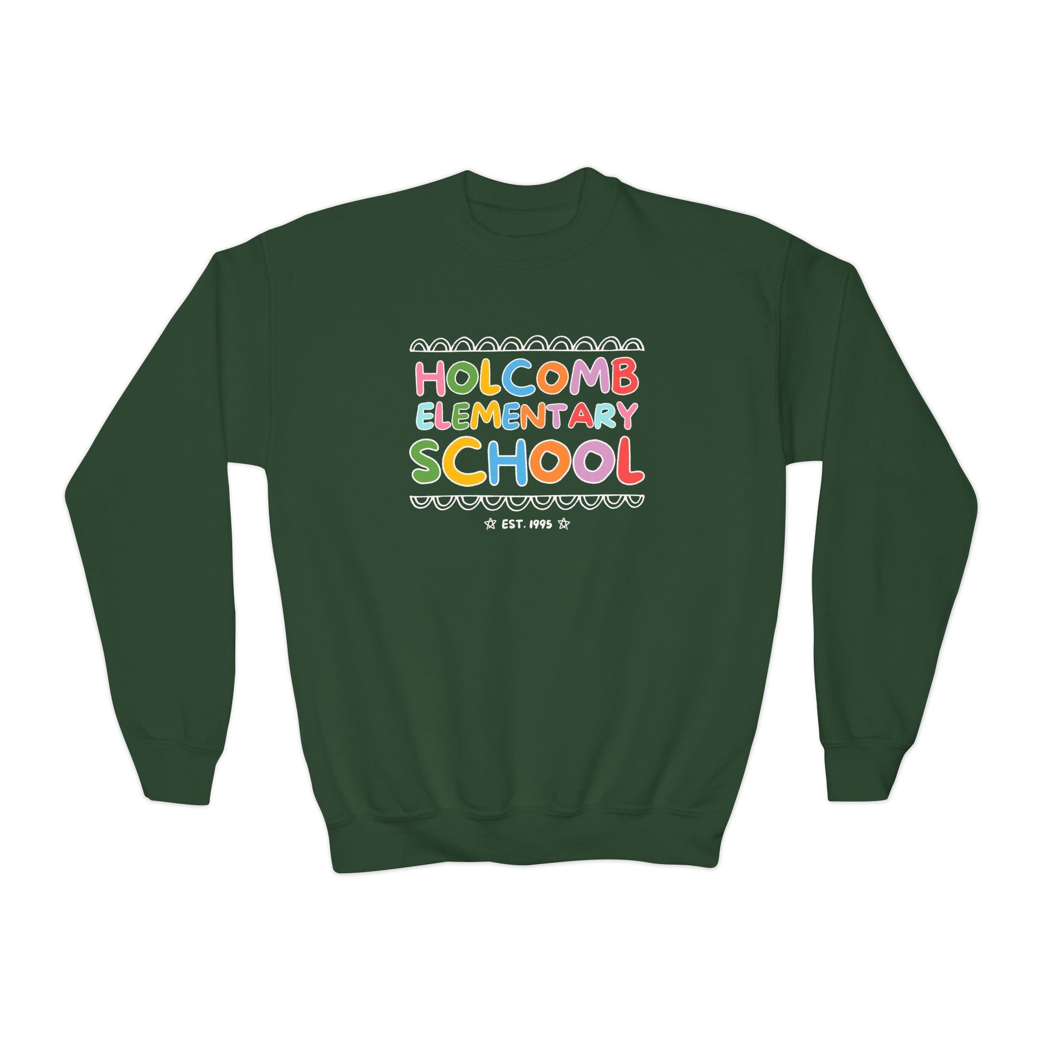 Holcomb Elementary School Kids Sweatshirt: Rainbow Letters | FPS + Opal and June Sweatshirt, Fayetteville Public Schools - Opal and June