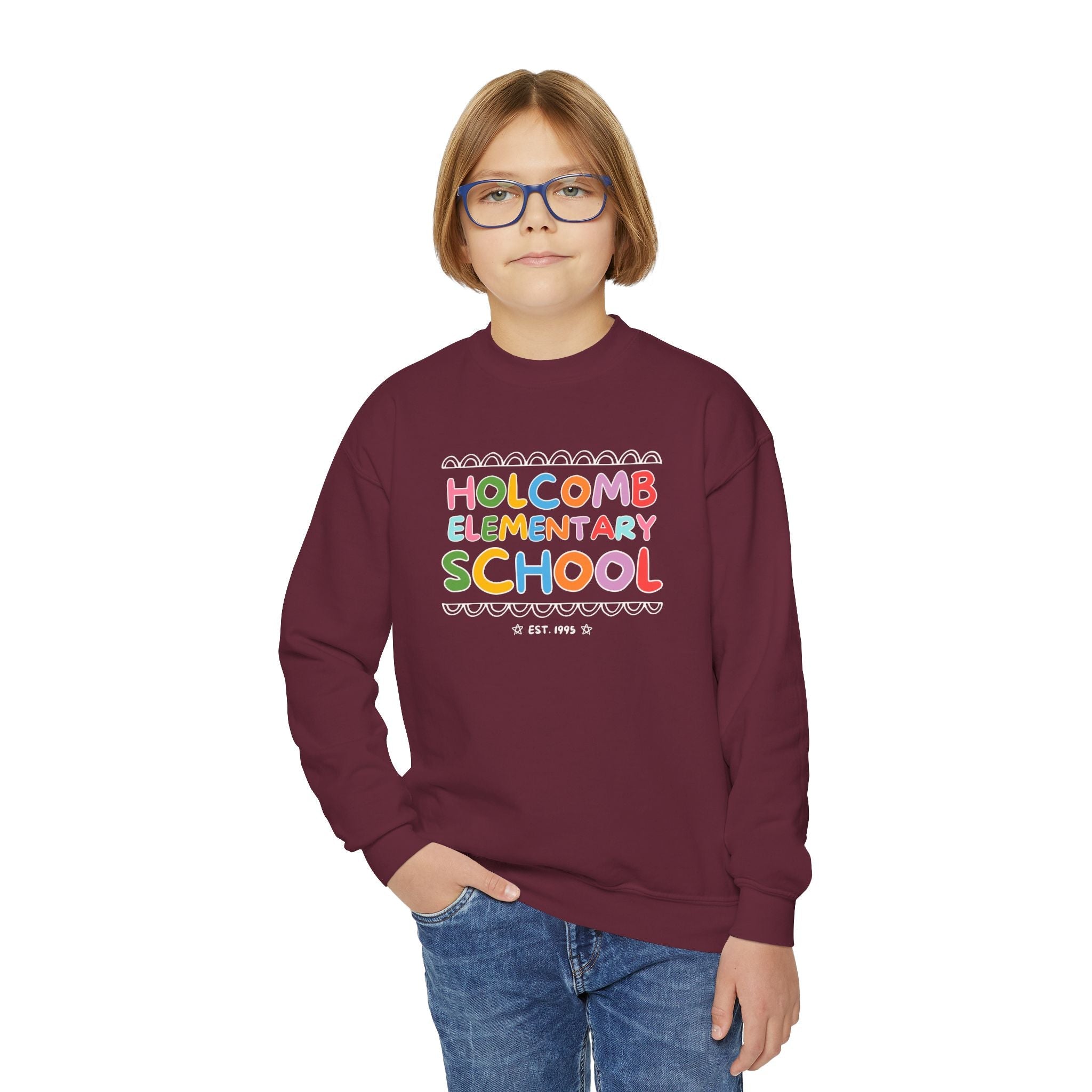 Holcomb Elementary School Kids Sweatshirt: Rainbow Letters | FPS + Opal and June Sweatshirt, Fayetteville Public Schools - Opal and June