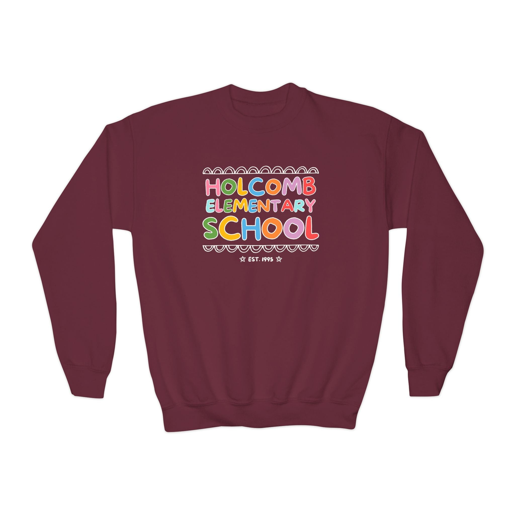 Holcomb Elementary School Kids Sweatshirt: Rainbow Letters | FPS + Opal and June Sweatshirt, Fayetteville Public Schools - Opal and June