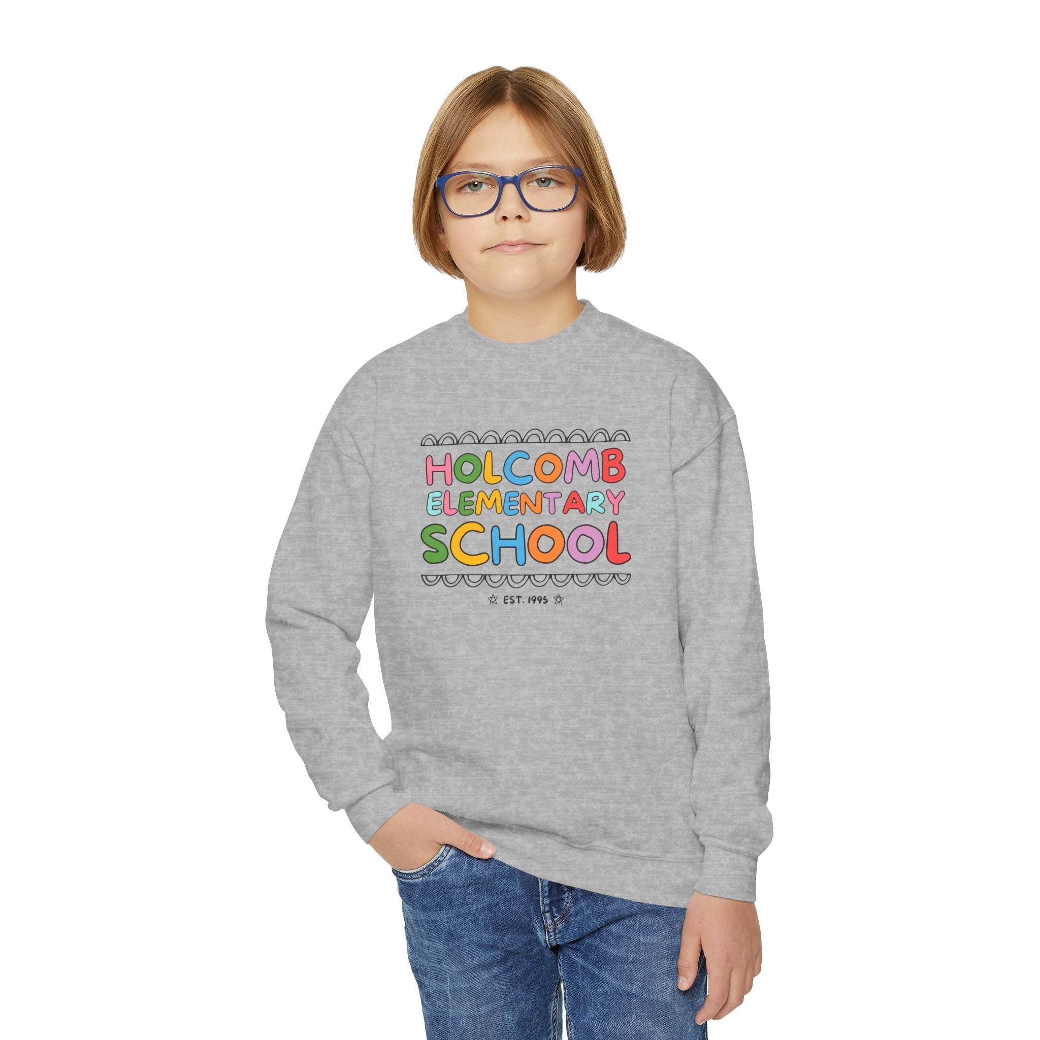 Holcomb Elementary School Kids Sweatshirt: Rainbow Letters | FPS + Opal and June Sweatshirt, Fayetteville Public Schools - Opal and June