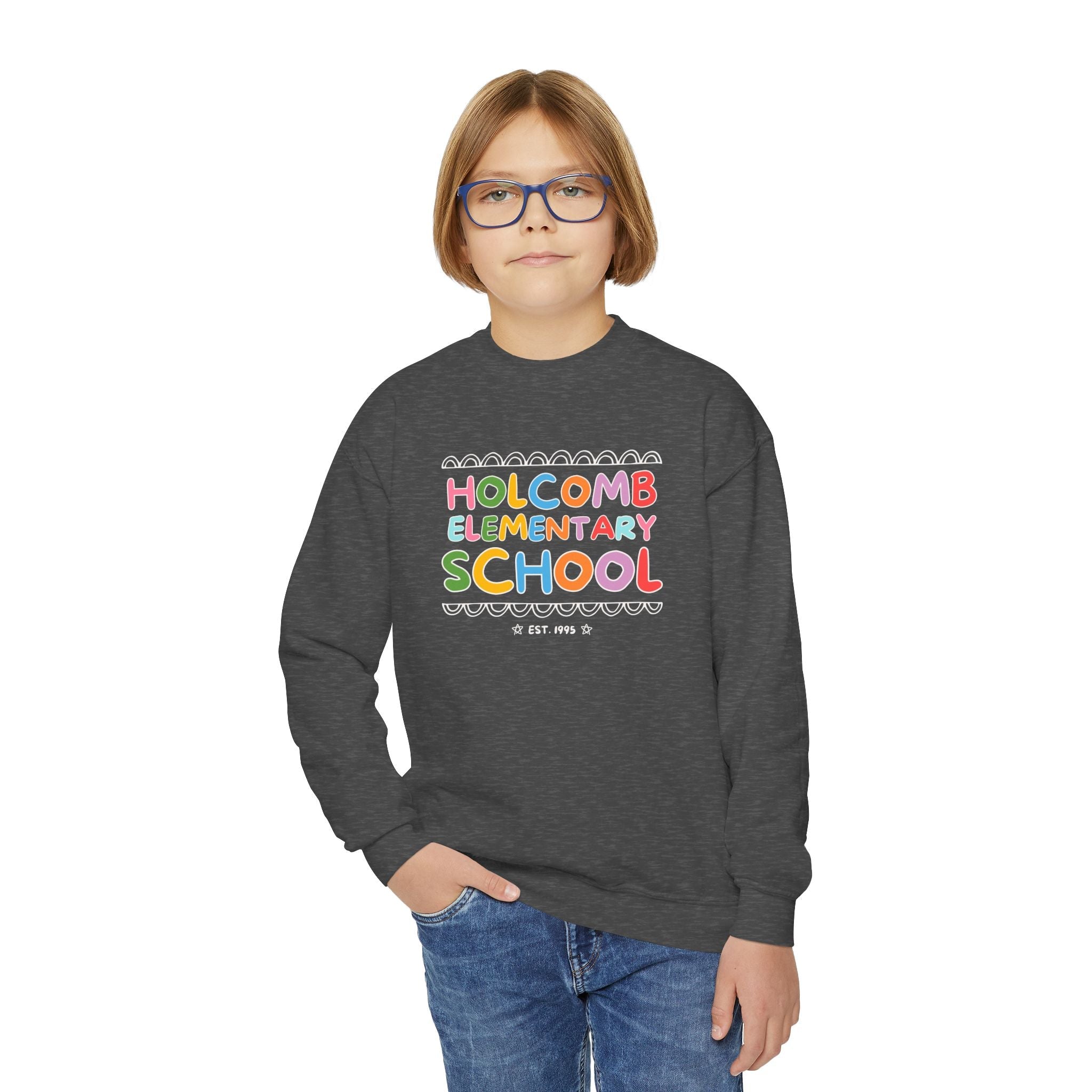 Holcomb Elementary School Kids Sweatshirt: Rainbow Letters | FPS + Opal and June Sweatshirt, Fayetteville Public Schools - Opal and June