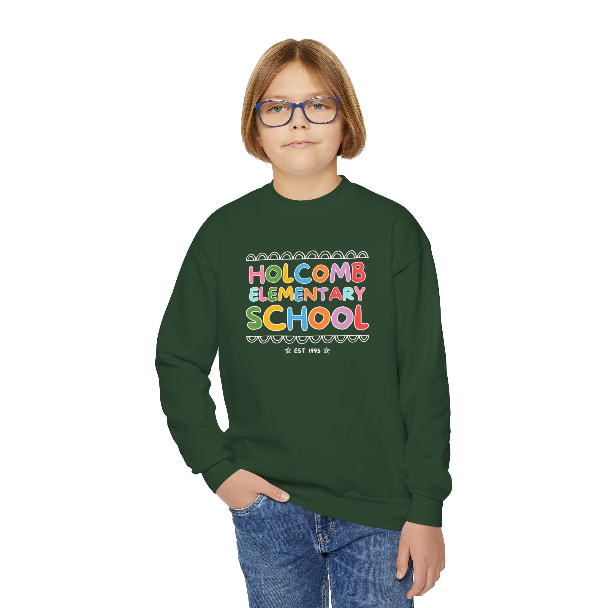 Holcomb Elementary School Kids Sweatshirt: Rainbow Letters | FPS + Opal and June Sweatshirt, Fayetteville Public Schools - Opal and June