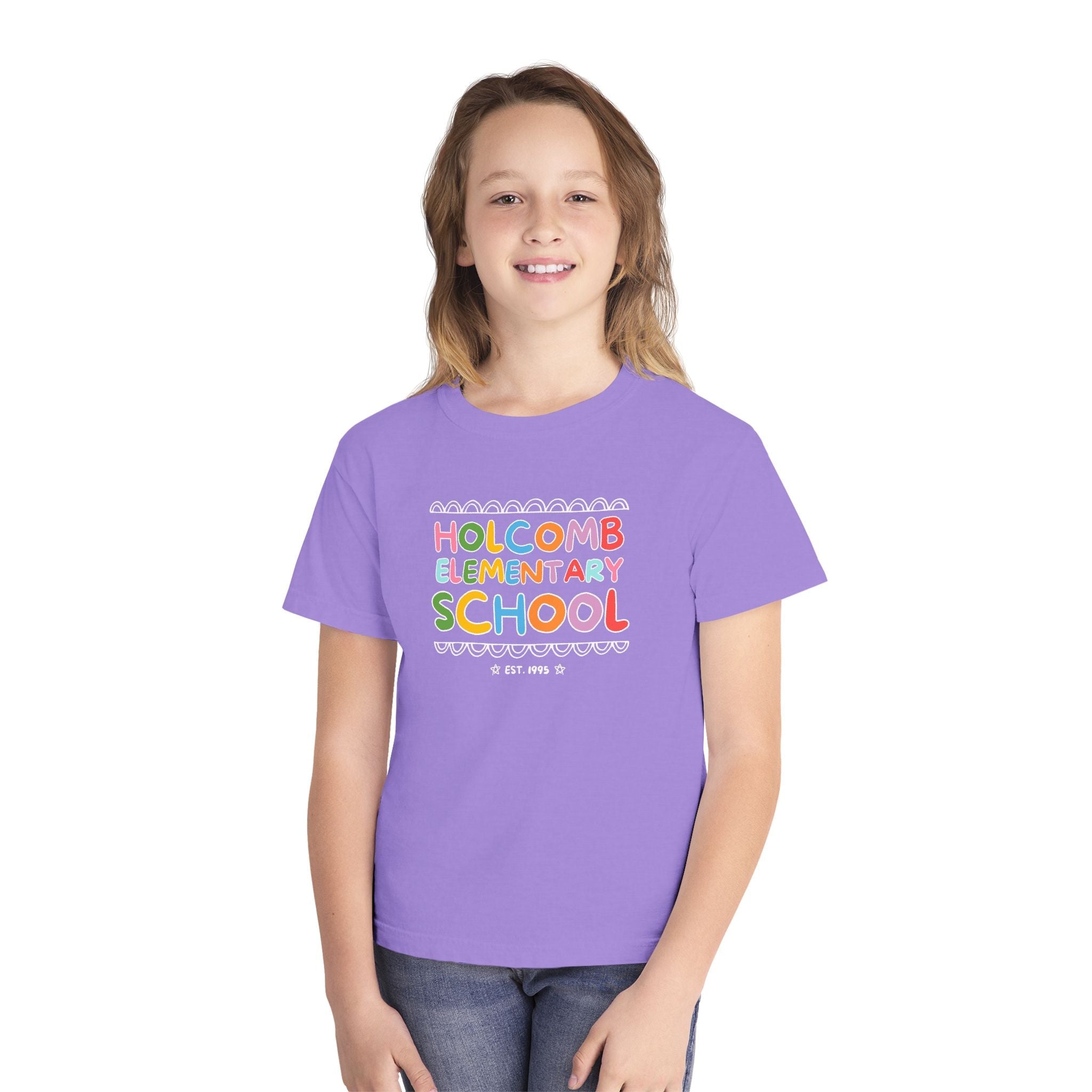 Holcomb Elementary School Kids Tee Shirt: Rainbow Letters | FPS + Opal and June T-Shirt, Fayetteville Public Schools - Opal and June