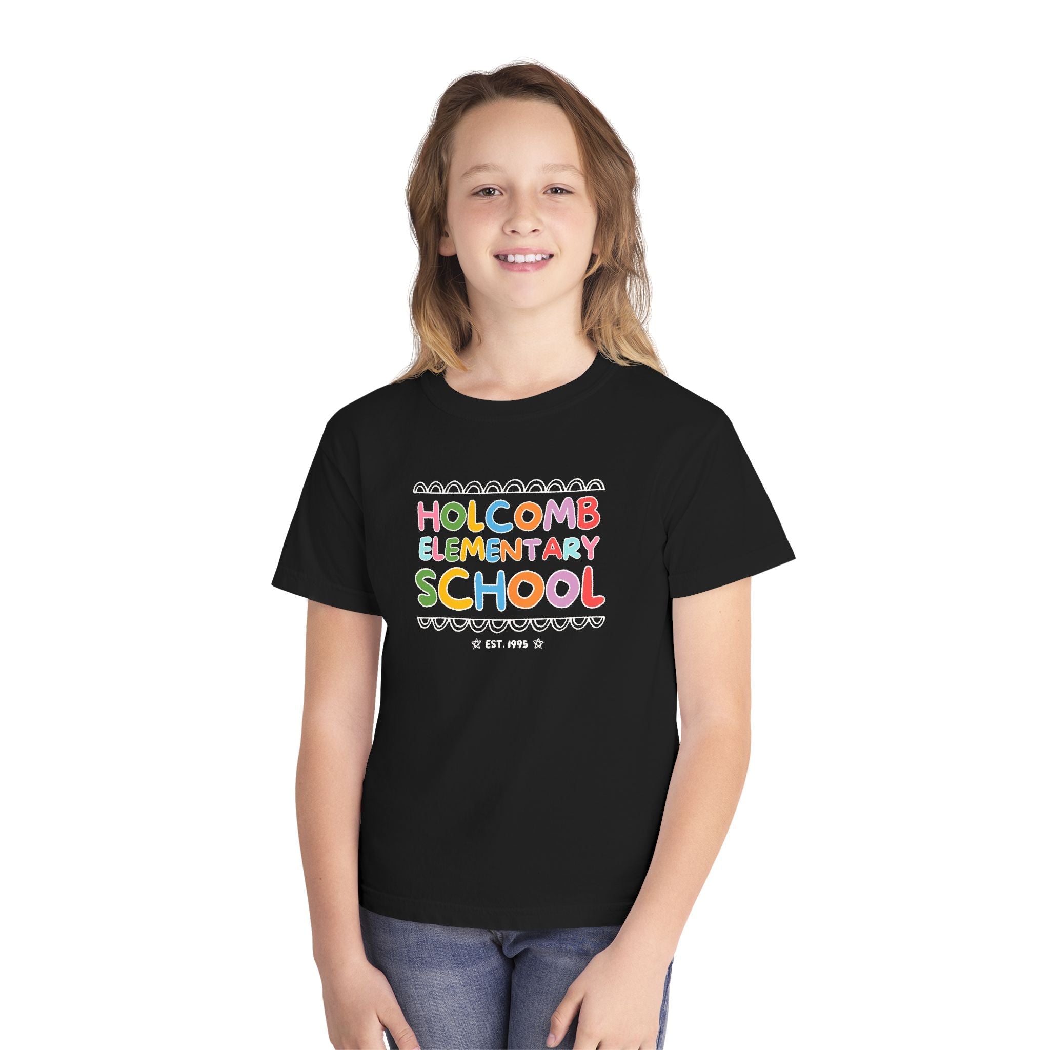 Holcomb Elementary School Kids Tee Shirt: Rainbow Letters | FPS + Opal and June T-Shirt, Fayetteville Public Schools - Opal and June