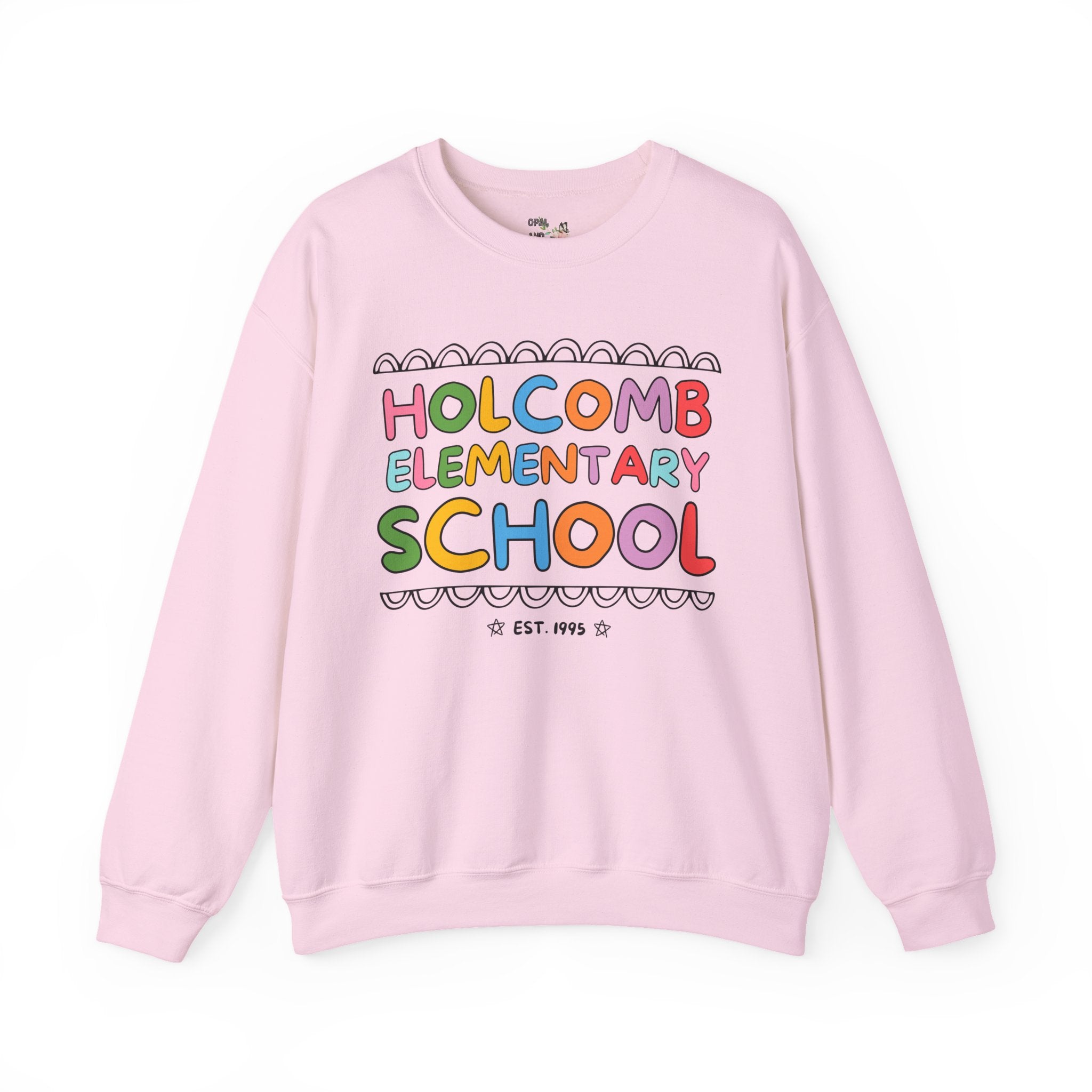 Holcomb Elementary School Sweatshirt: Rainbow Letters | FPS + Opal and June Crewneck, Fayetteville Public Schools - Opal and June