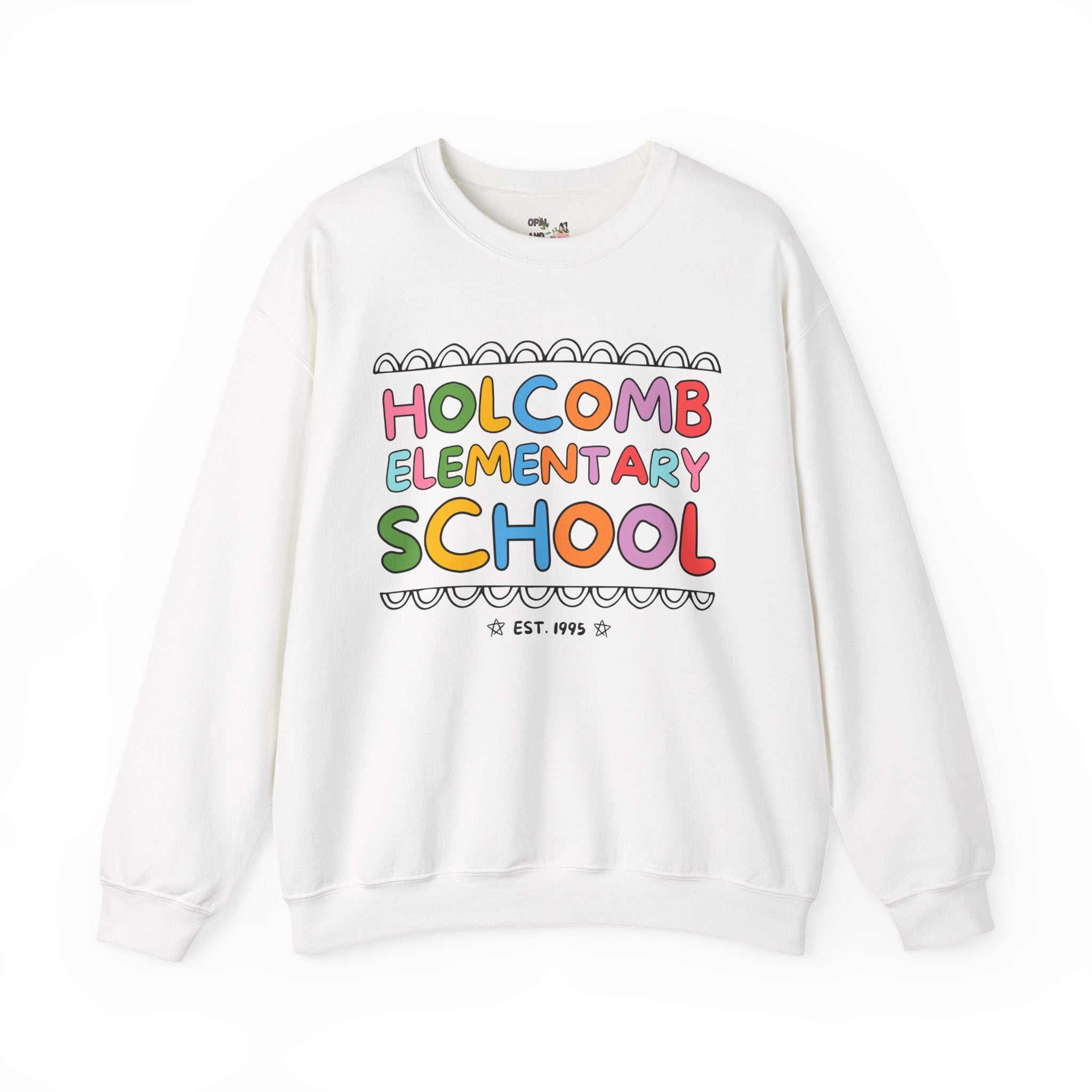Holcomb Elementary School Sweatshirt: Rainbow Letters | FPS + Opal and June Crewneck, Fayetteville Public Schools - Opal and June
