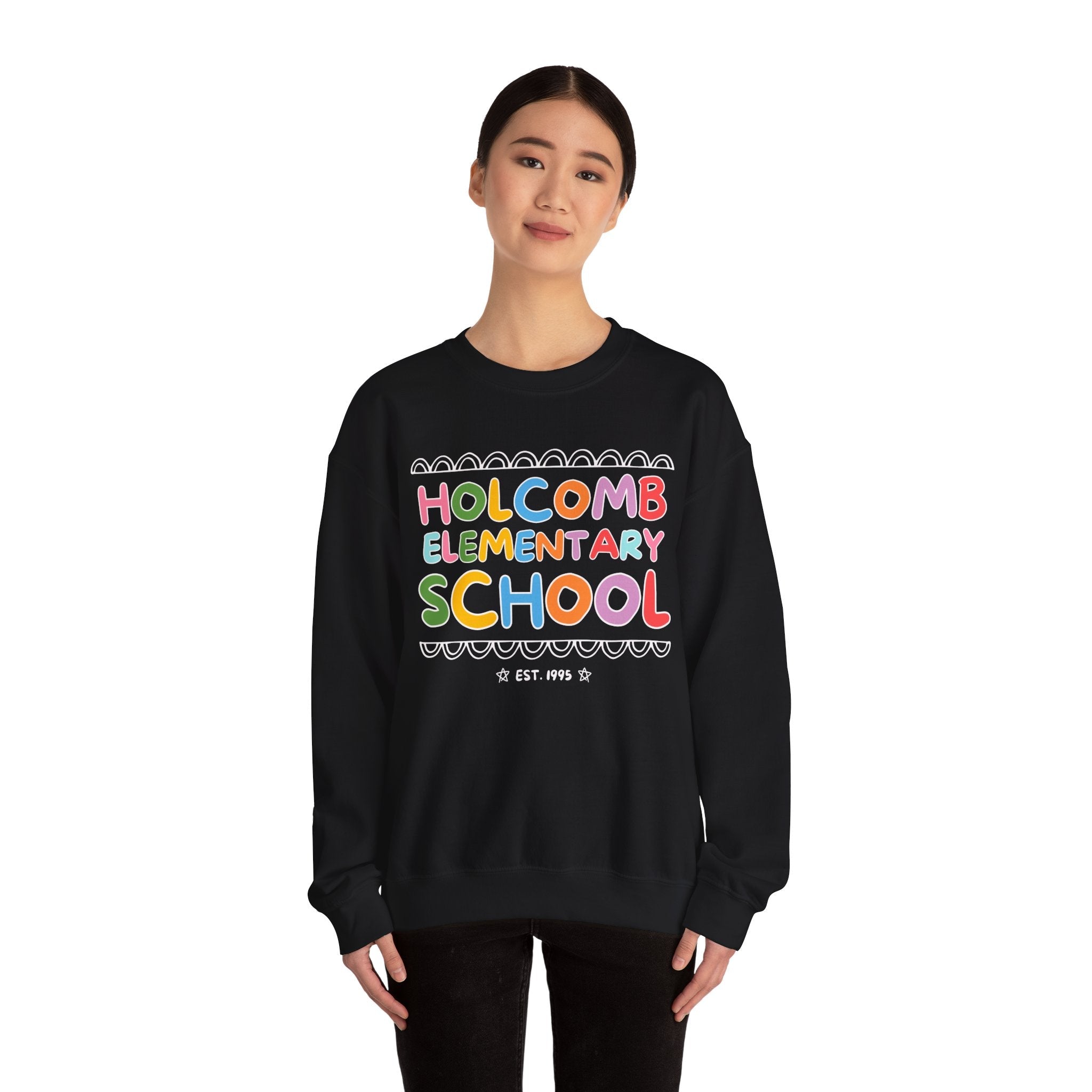 Holcomb Elementary School Sweatshirt: Rainbow Letters | FPS + Opal and June Crewneck, Fayetteville Public Schools - Opal and June