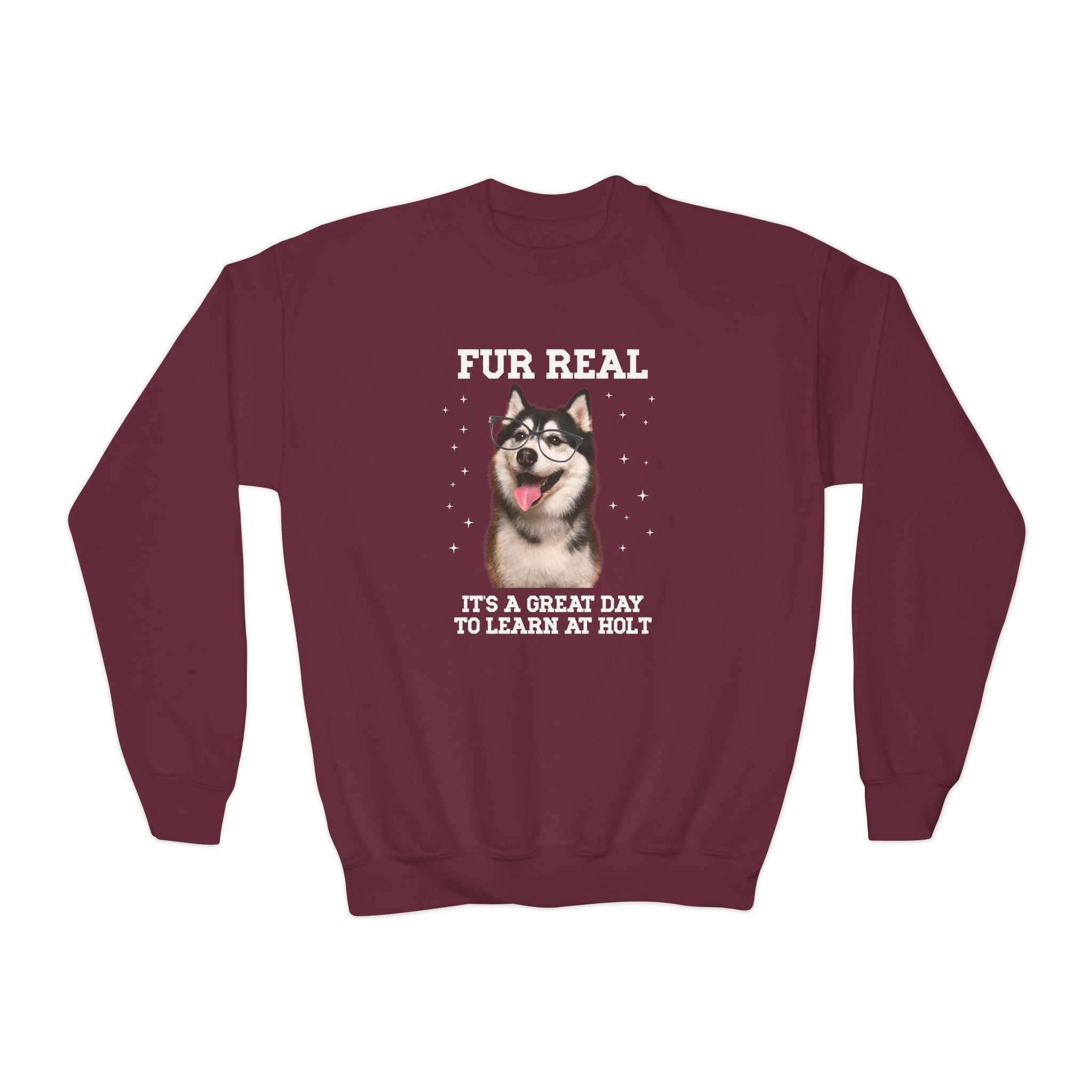 Holt Middle School Kids Sweatshirt: Fur Real, It's a Great Day to Learn at Holt | FPS + Opal and June Kids Sweatshirt, Fayetteville Public Schools - Opal and June