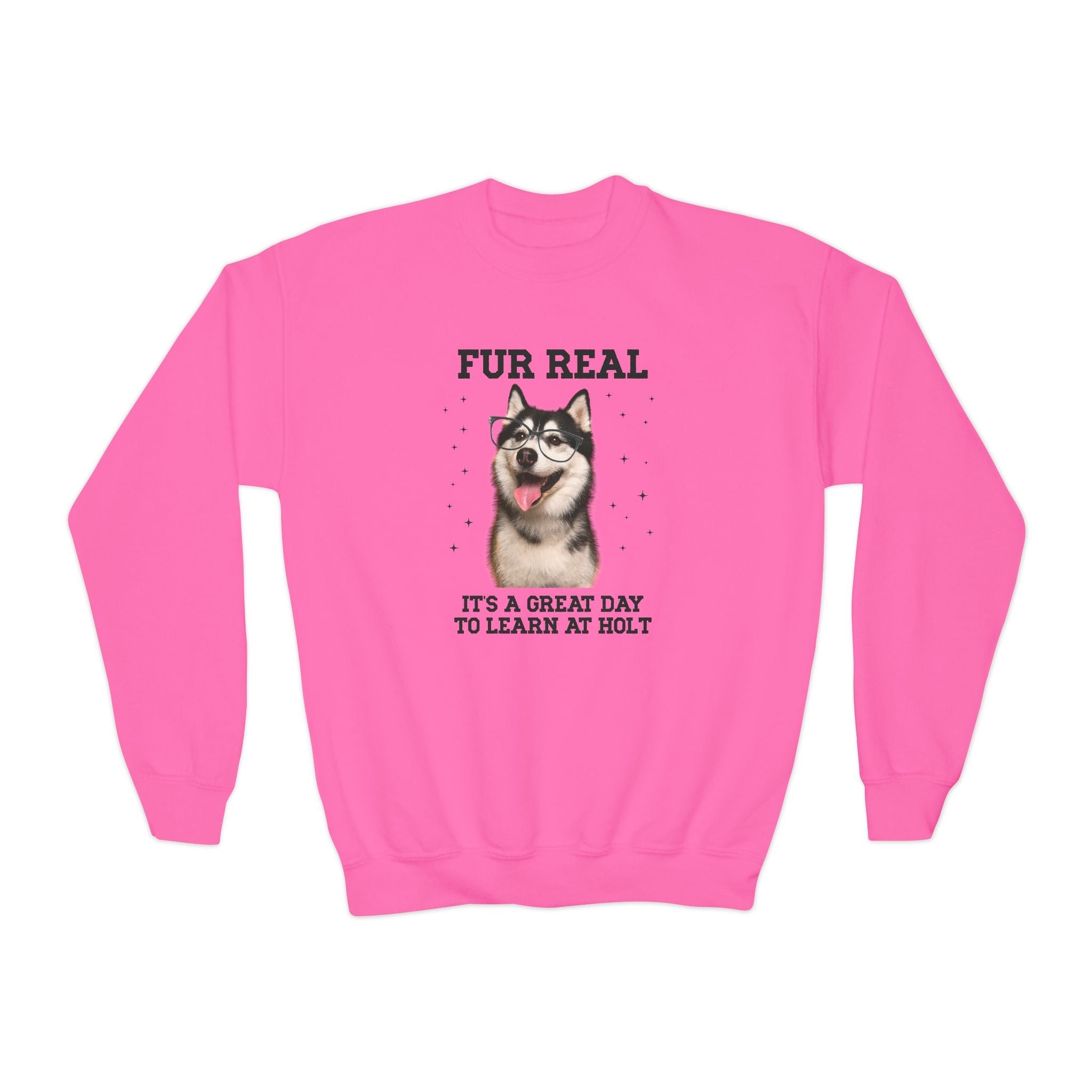 Holt Middle School Kids Sweatshirt: Fur Real, It's a Great Day to Learn at Holt | FPS + Opal and June Kids Sweatshirt, Fayetteville Public Schools - Opal and June