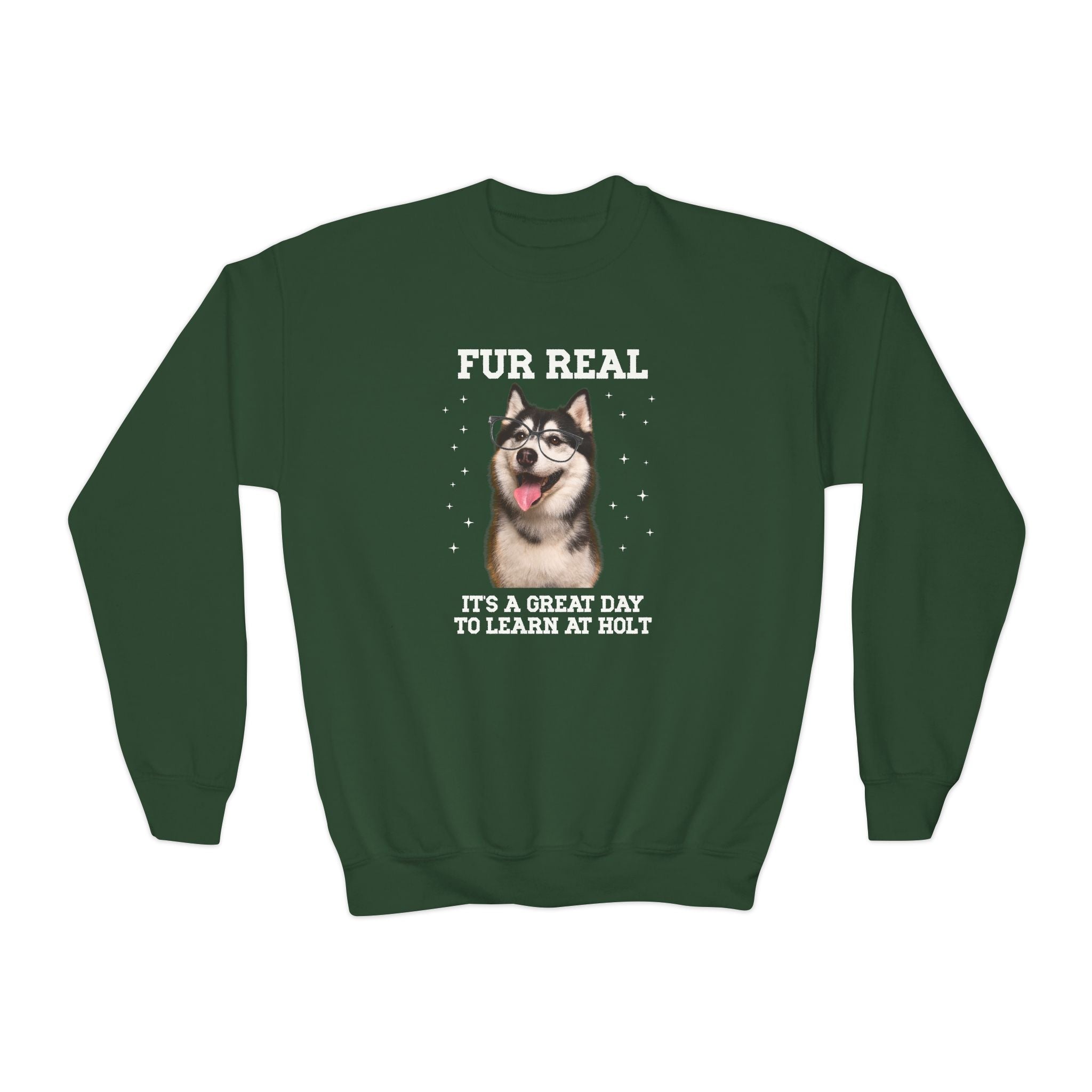 Holt Middle School Kids Sweatshirt: Fur Real, It's a Great Day to Learn at Holt | FPS + Opal and June Kids Sweatshirt, Fayetteville Public Schools - Opal and June