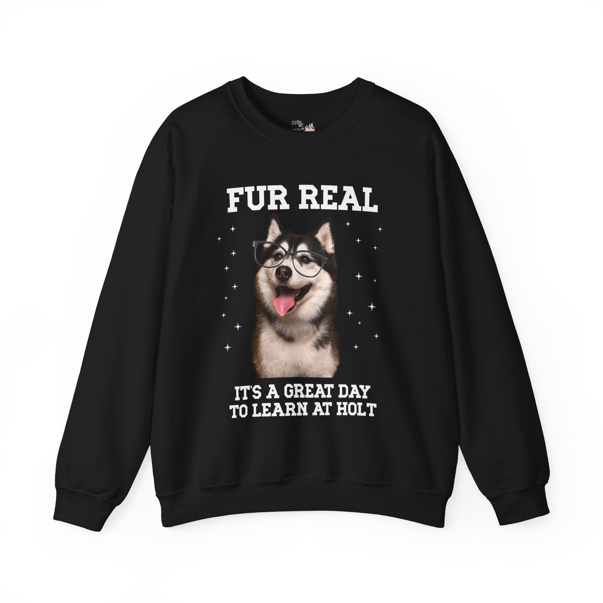 Holt Middle School Sweatshirt: Fur Real, It's a Great Day to Learn at Holt | FPS + Opal and June Sweatshirt, Fayetteville Public Schools - Opal and June