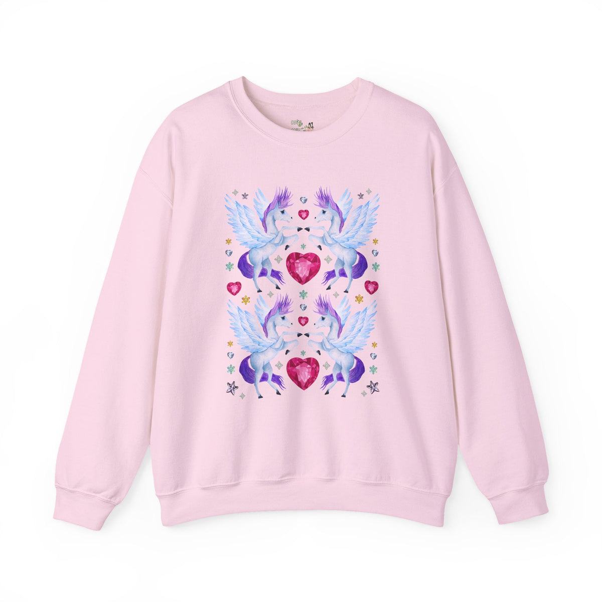 Horse Lover Nostalgic Blue and Purple Pegasus Sweatshirt with Hearts: Cute and Silly Y2K Aesthetic Animal Lover Crewneck for Fantasy Reader Bookworm - Opal and June