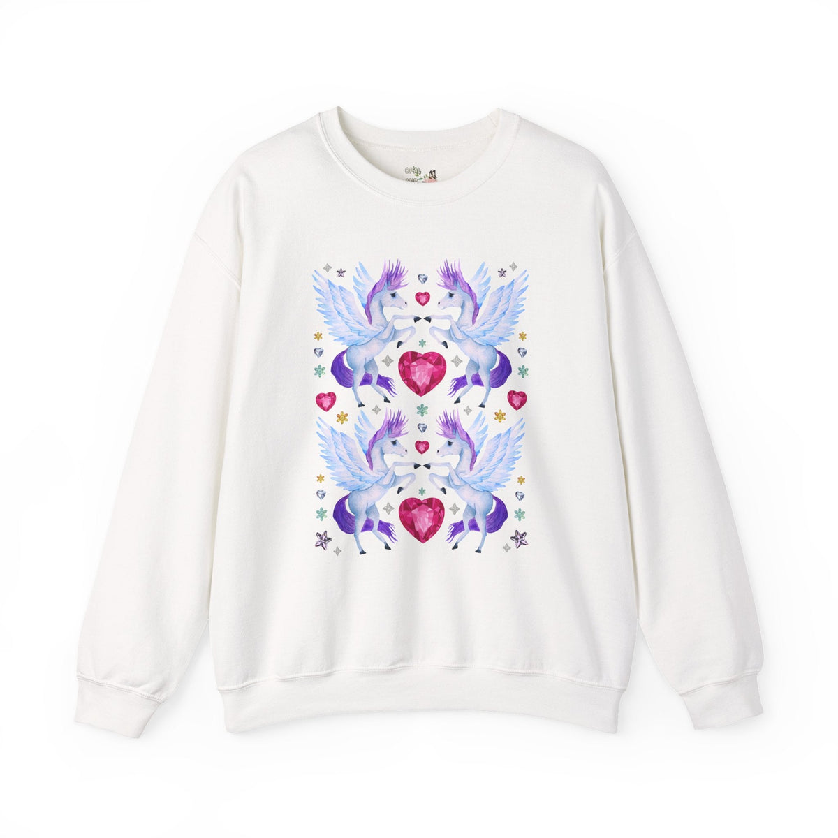 Horse Lover Nostalgic Blue and Purple Pegasus Sweatshirt with Hearts: Cute and Silly Y2K Aesthetic Animal Lover Crewneck for Fantasy Reader Bookworm - Opal and June