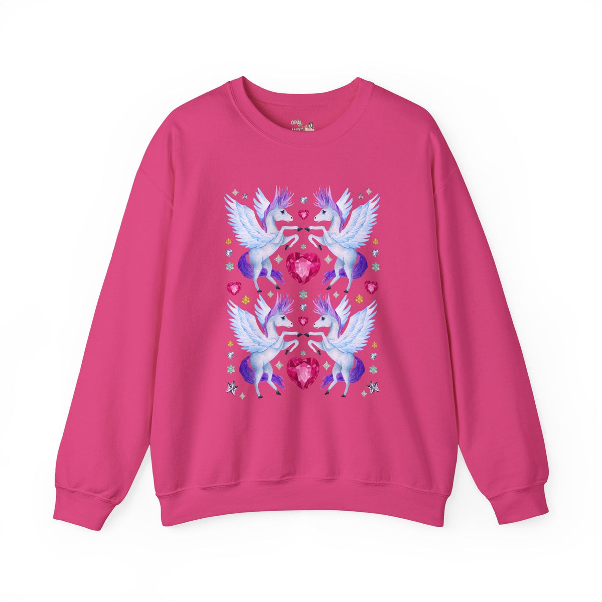 Horse Lover Nostalgic Blue and Purple Pegasus Sweatshirt with Hearts: Cute and Silly Y2K Aesthetic Animal Lover Crewneck for Fantasy Reader Bookworm - Opal and June