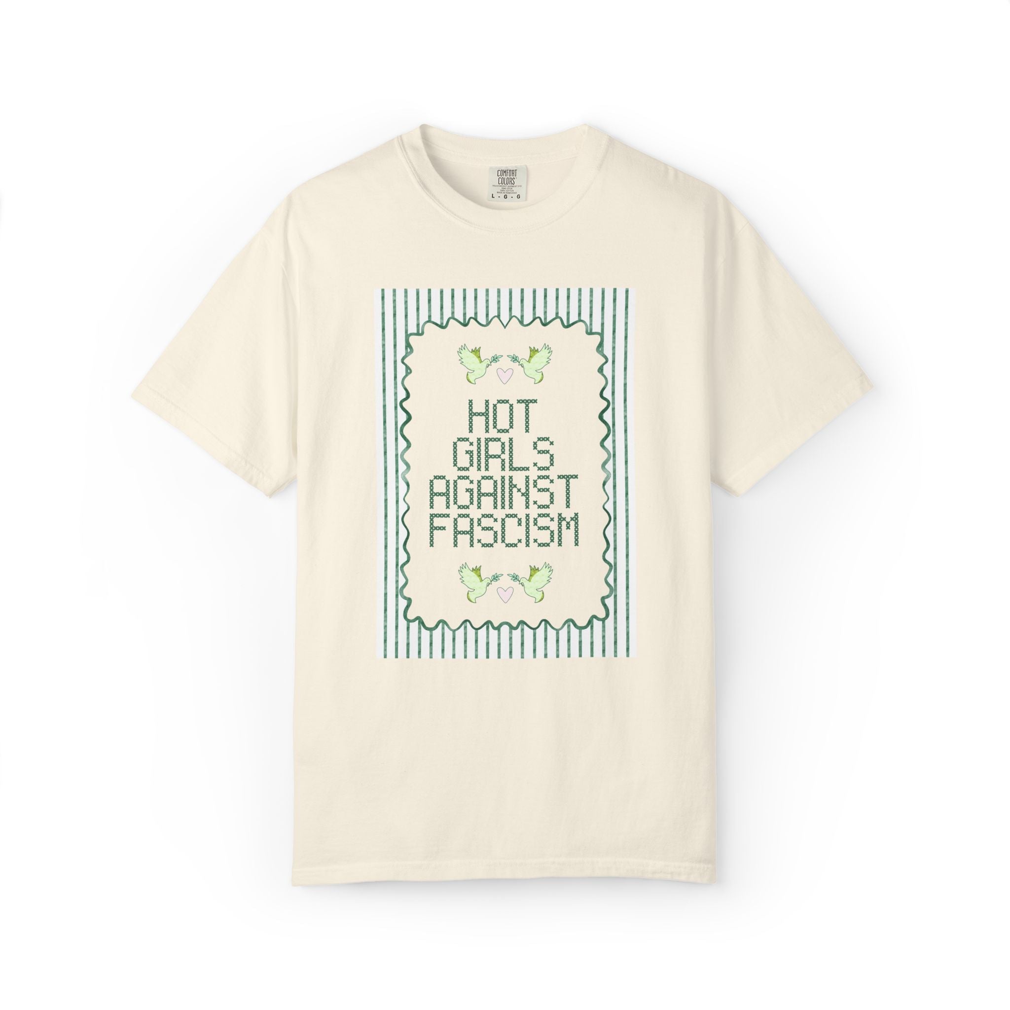 Hot Girls Against Fascism: Cute Women's Rights T-Shirt with Watercolor Doves, Soft Girl Style Subtle Democratic Socialist Tee, Human Rights - Opal and June