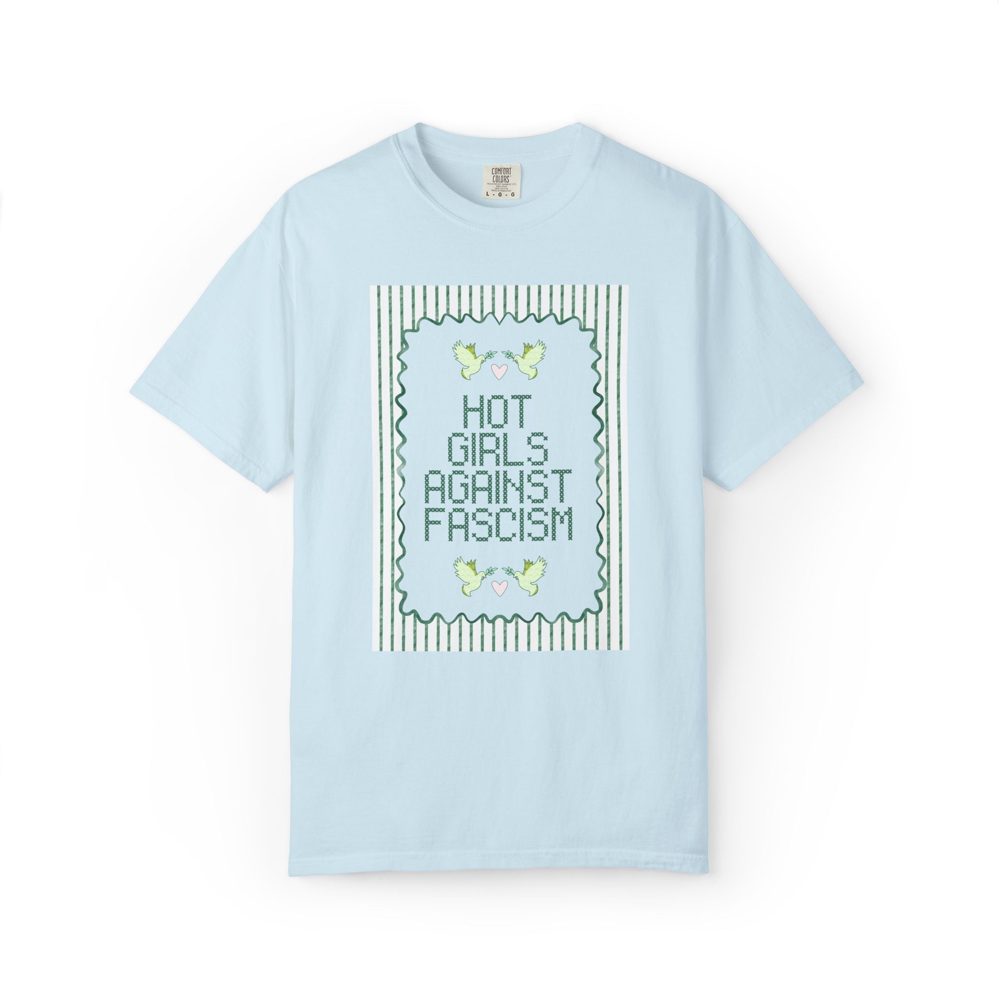 Hot Girls Against Fascism: Cute Women's Rights T-Shirt with Watercolor Doves, Soft Girl Style Subtle Democratic Socialist Tee, Human Rights - Opal and June