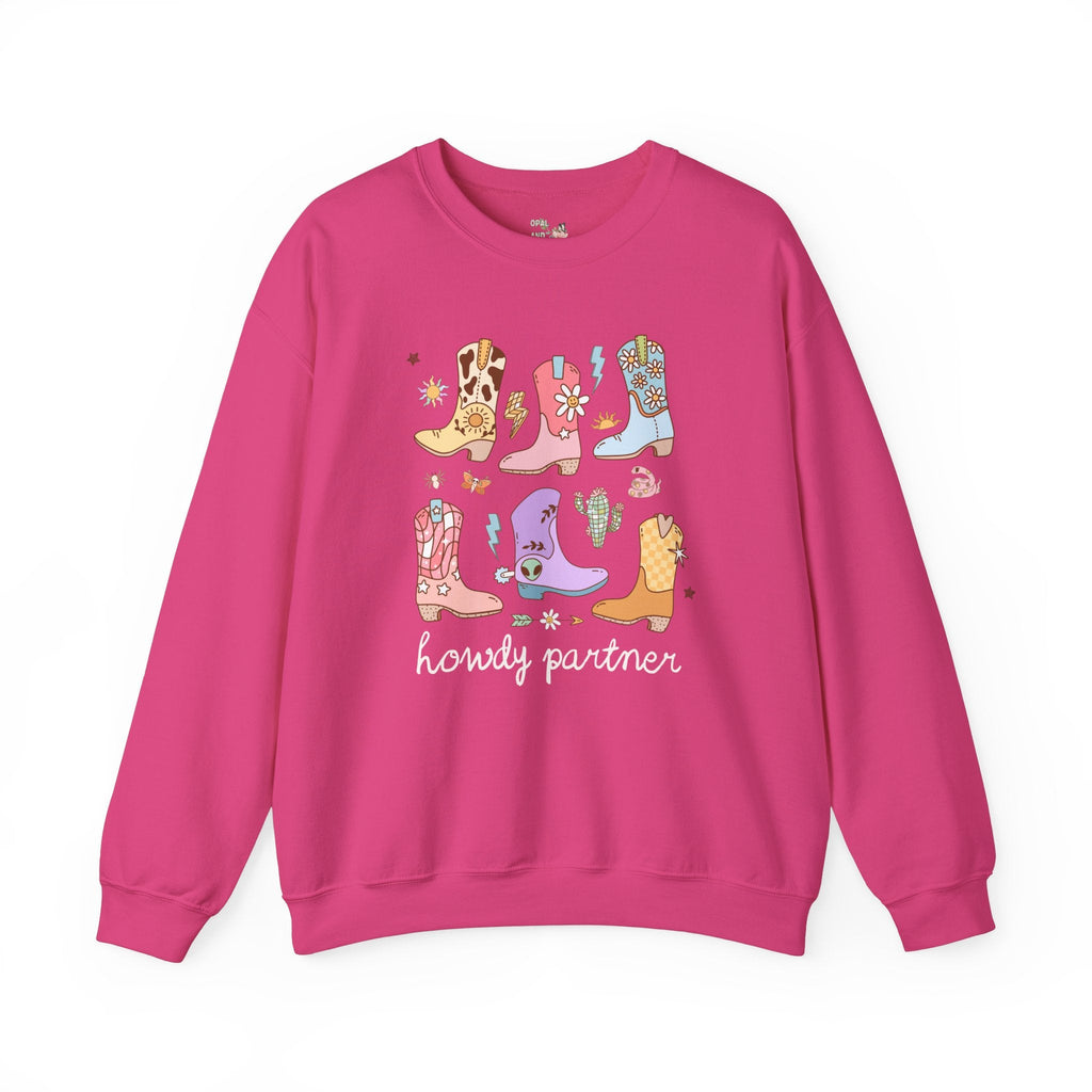 Howdy Partner UFO Cowboy Sweatshirt, Cowboy Boots and Stars, Colorful and Cute Maximalist Alien Shirt with Groovy Western Vibe for Summer - Opal and June