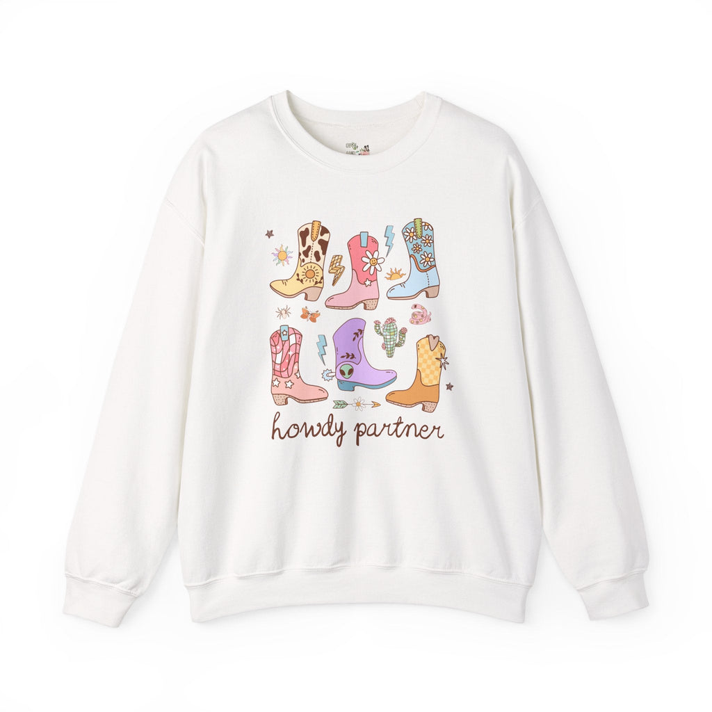 Howdy Partner UFO Cowboy Sweatshirt, Cowboy Boots and Stars, Colorful and Cute Maximalist Alien Shirt with Groovy Western Vibe for Summer - Opal and June
