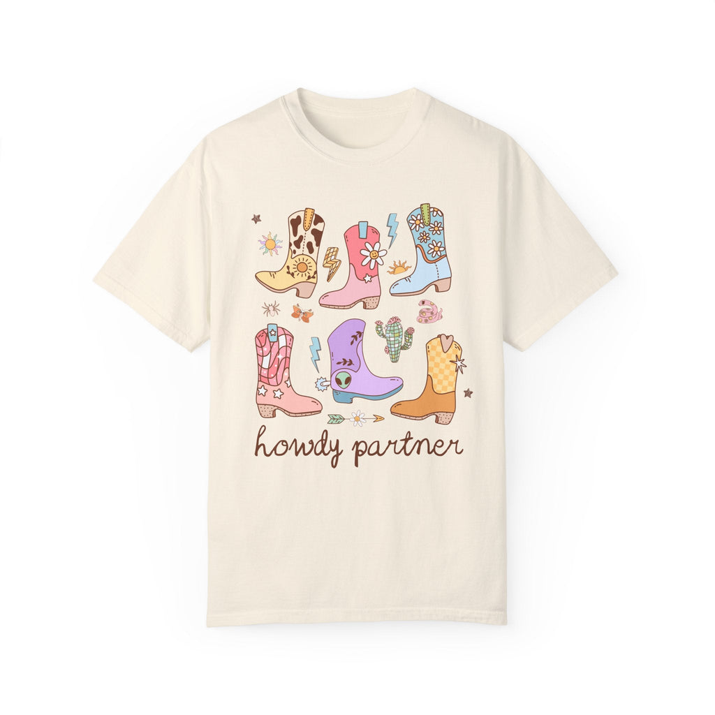 Howdy Partner UFO Cowboy Tee Shirt with Cowboy Boots and Stars, Colorful and Cute Maximalist Alien Tee with Groovy Western Vibe for Summer - Opal and June