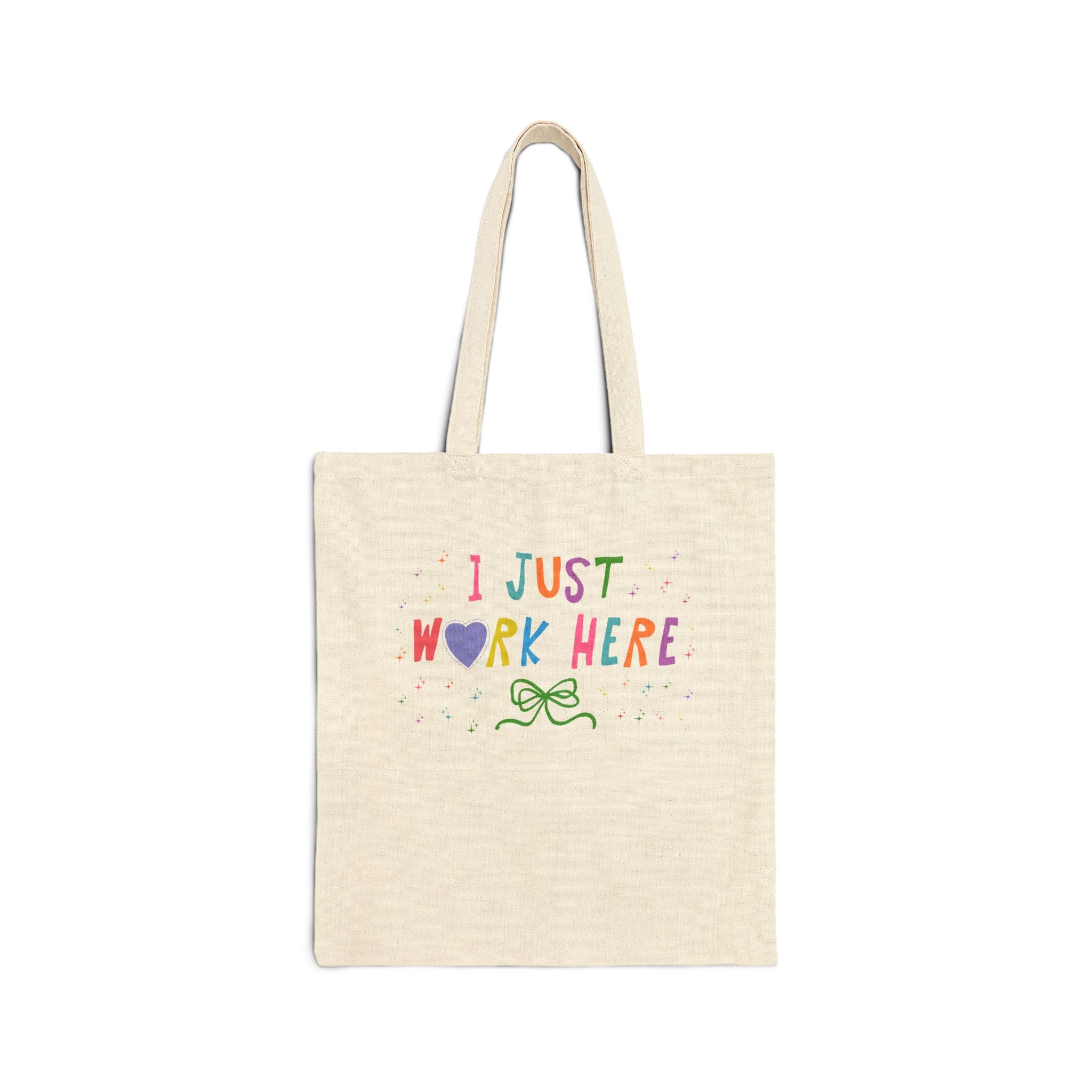 I Just Work Here Funny Tote Bag for Co - Worker: Cute Matching Cotton Canvas Tote Bag with Colorful Maximalist Vibe and Stars - Opal and June