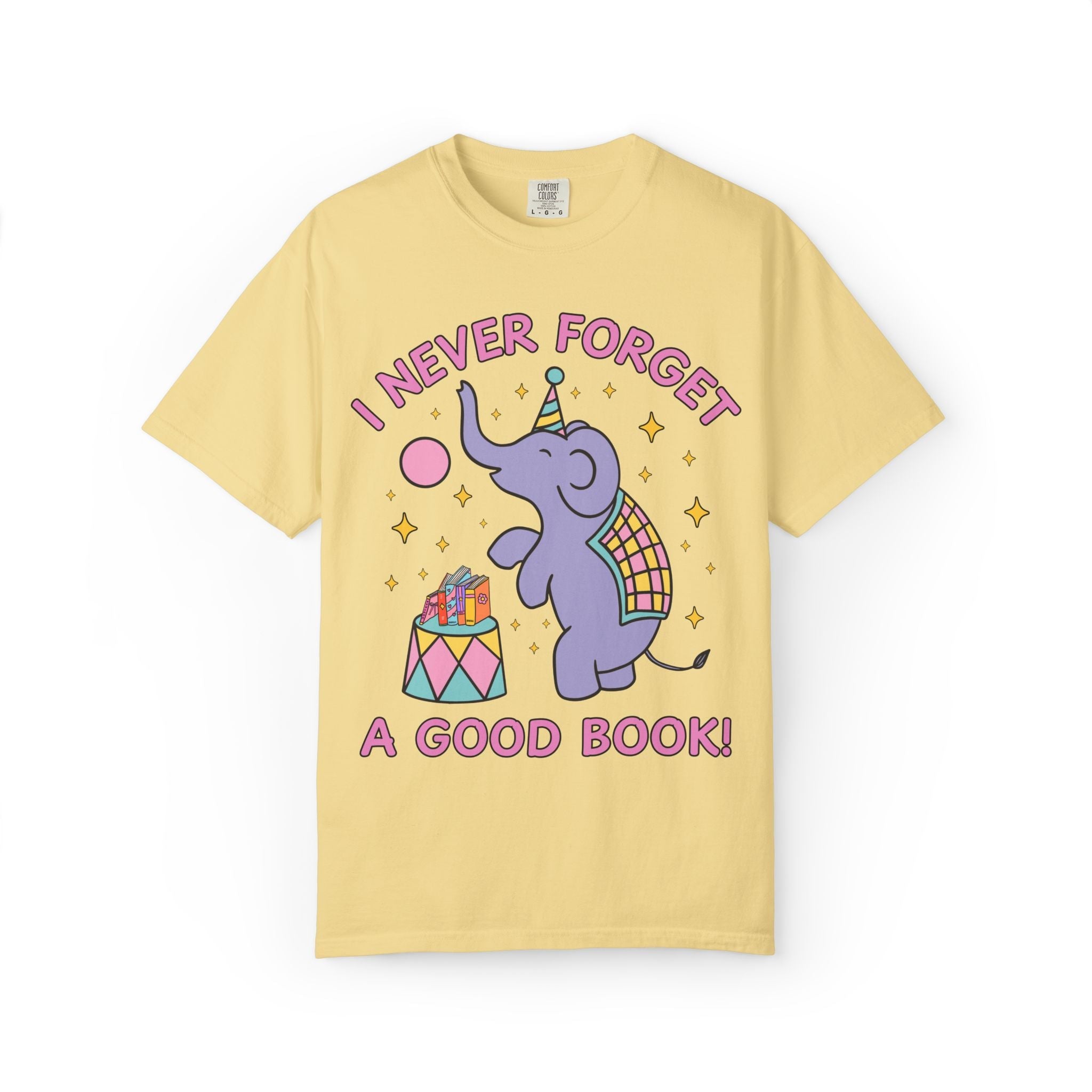 I Never Forget a Good Book!: Cute Bookish Tee Shirt with Elephant for Animal Lover, Cute Reading Teacher or School Librarian Tee with Stars - Opal and June