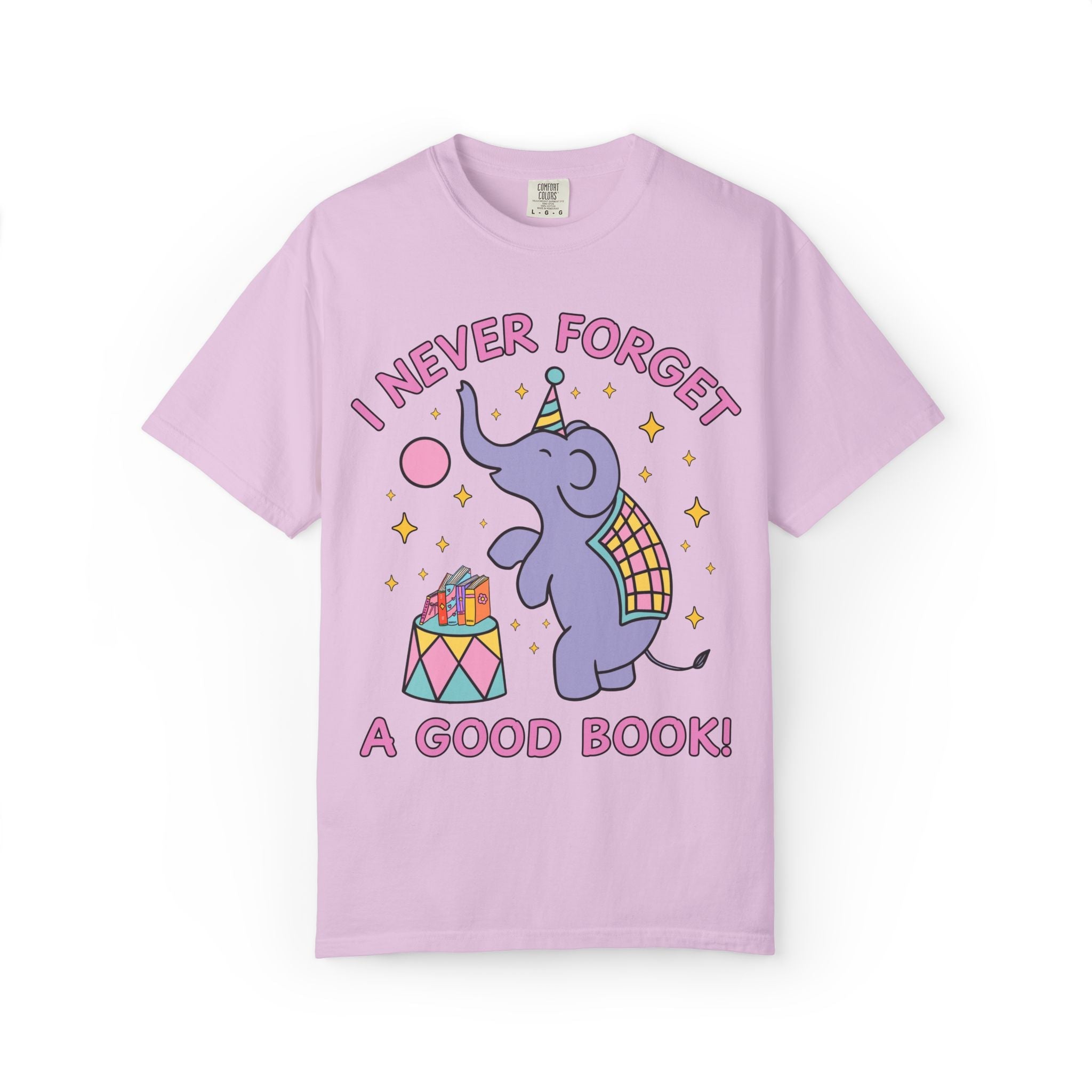 I Never Forget a Good Book!: Cute Bookish Tee Shirt with Elephant for Animal Lover, Cute Reading Teacher or School Librarian Tee with Stars - Opal and June