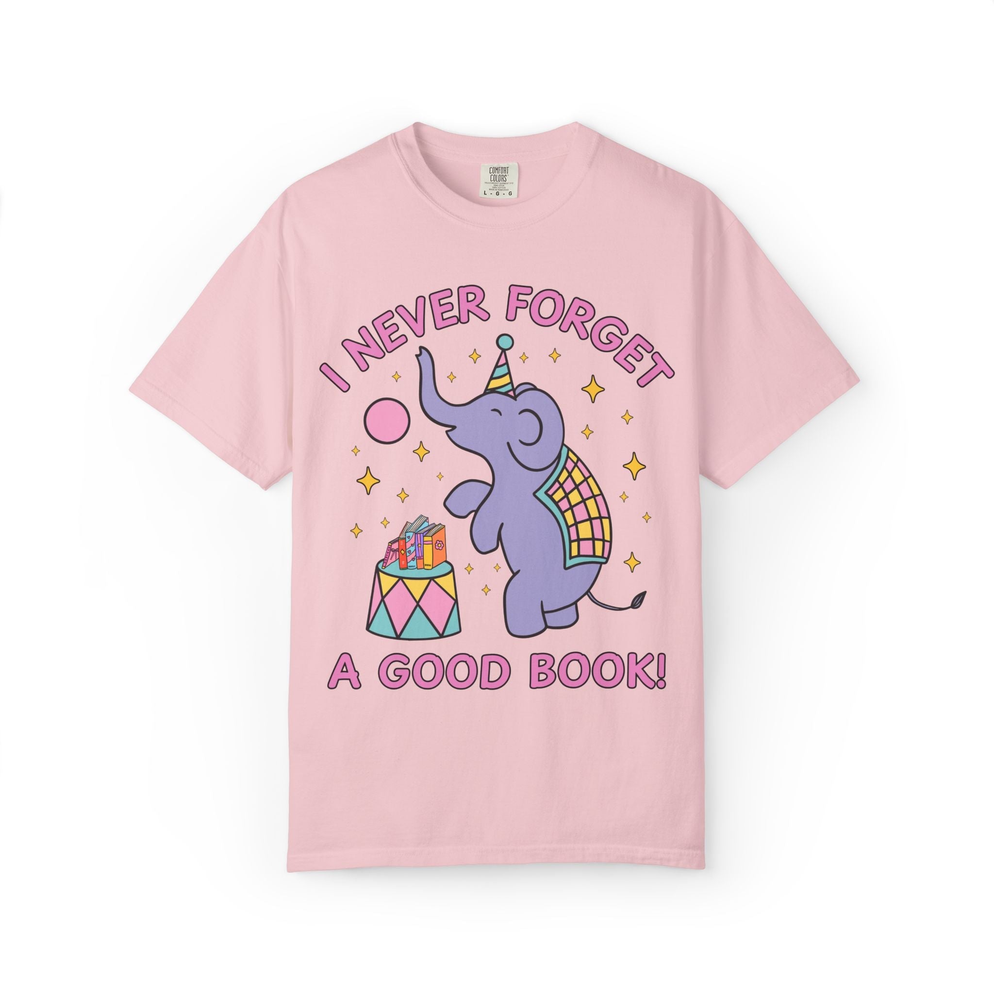 I Never Forget a Good Book!: Cute Bookish Tee Shirt with Elephant for Animal Lover, Cute Reading Teacher or School Librarian Tee with Stars - Opal and June
